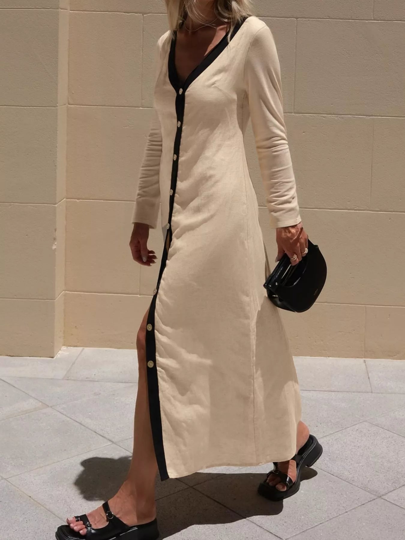 Contrast Trim Button-Down Midi Dress