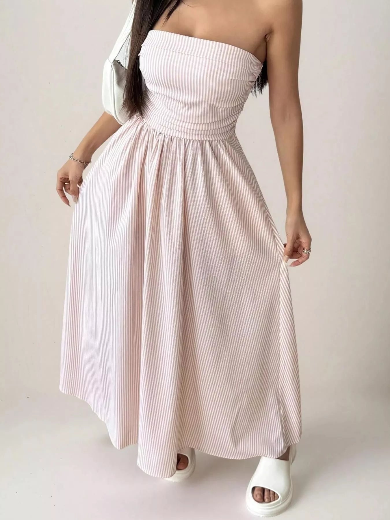 Striped Strapless Casual Maxi Dress