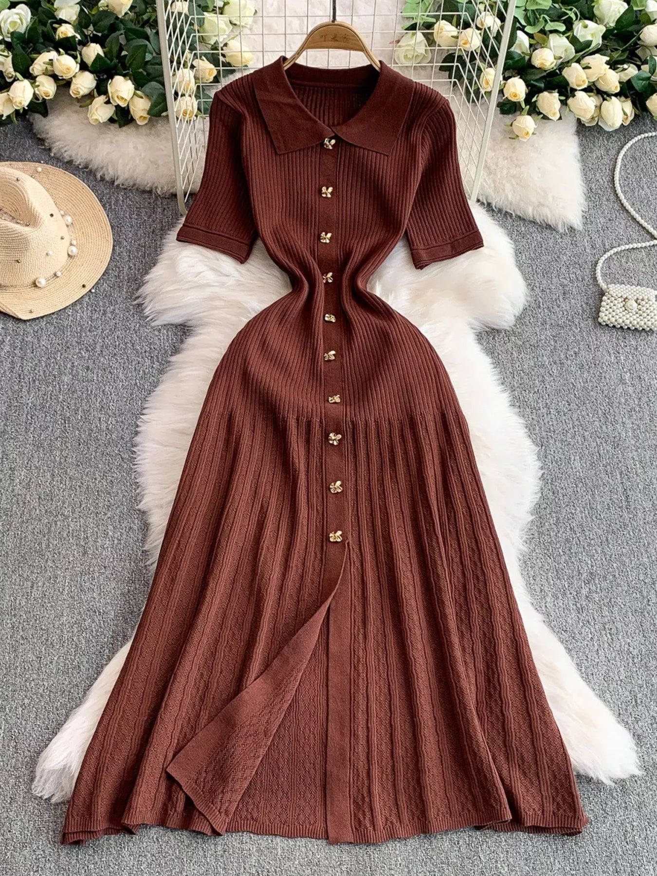 Button Front Ribbed Knit Midi Dress