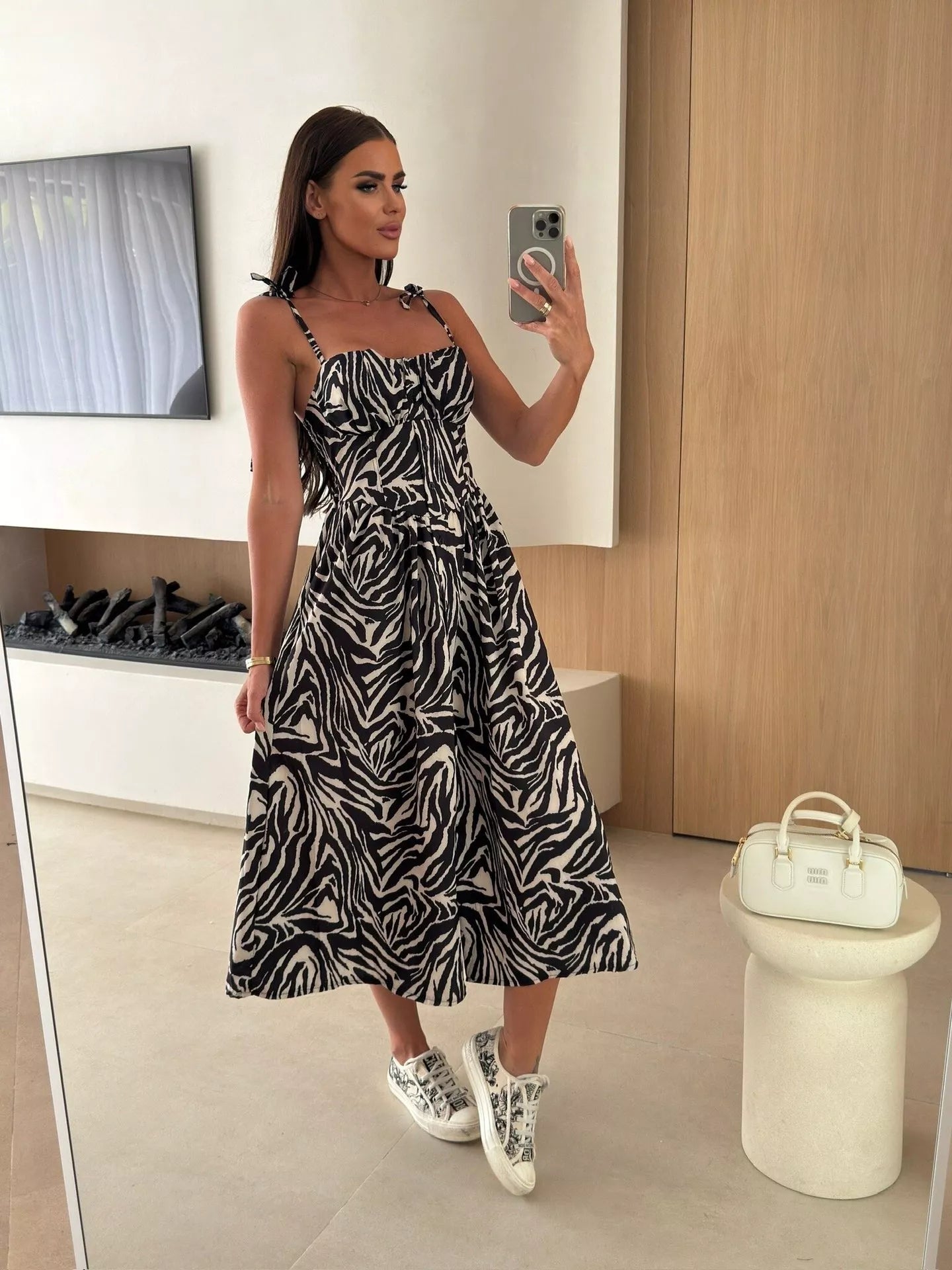 Printed Tie-Strap Midi Dress