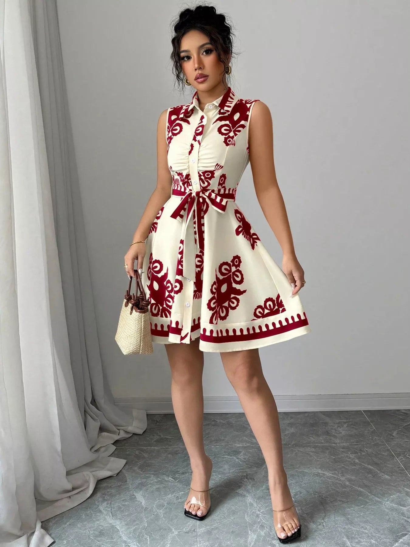 Sleeveless Ruched Printed Tie Waist Dress