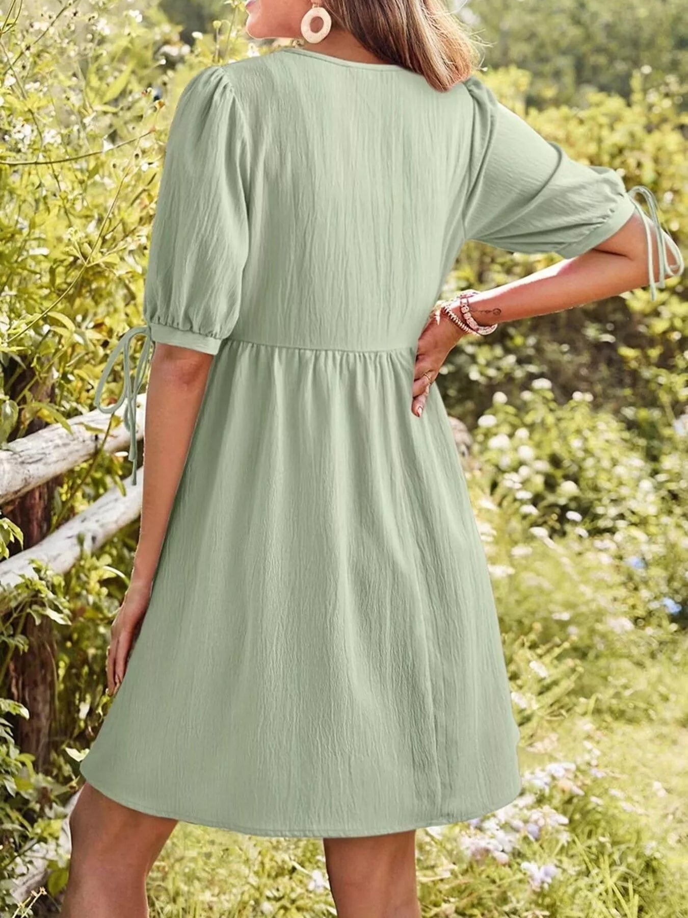 Tie-Neck Puff Sleeve A-Line Mini Dress