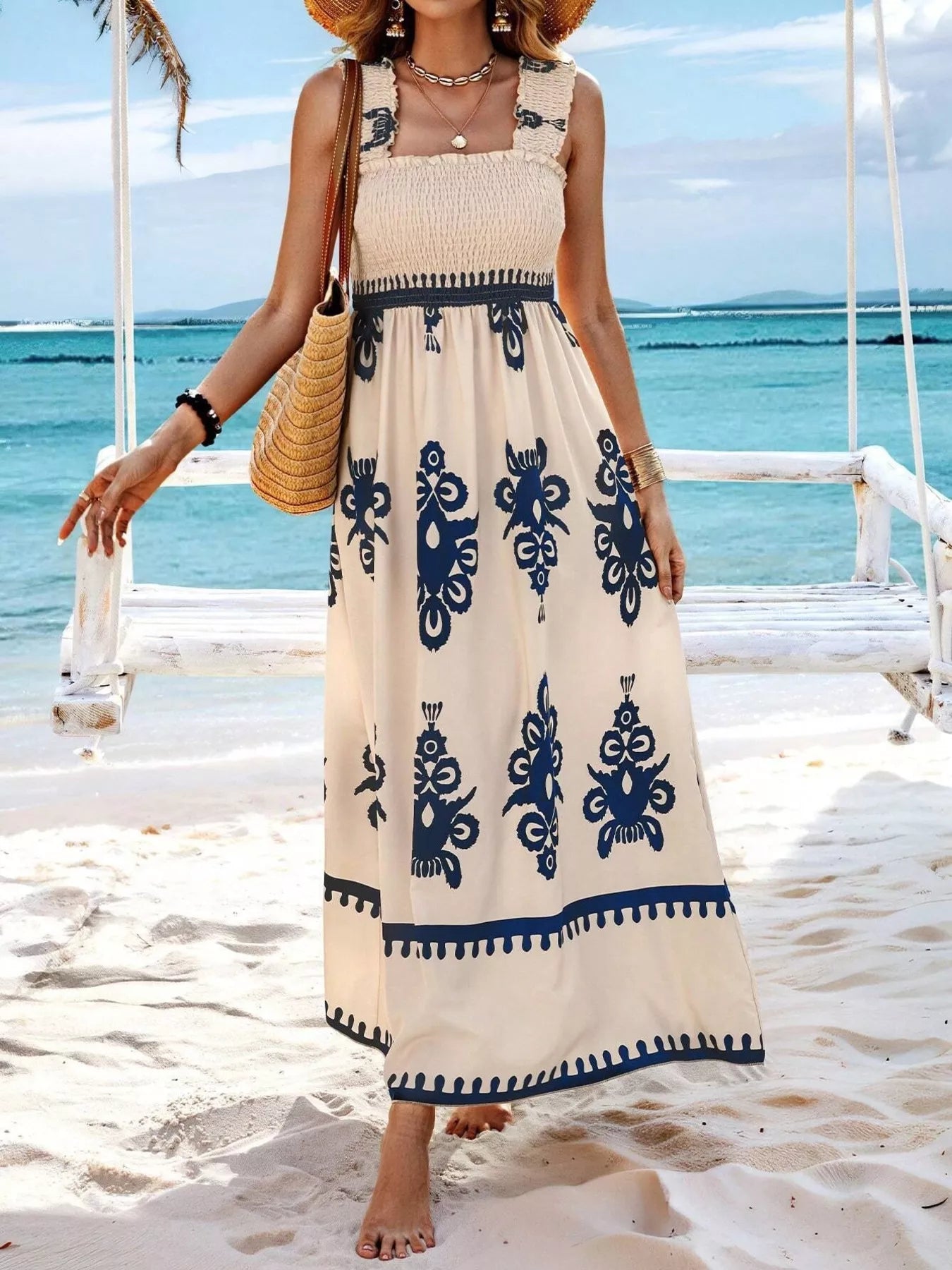 Smocked Printed Square Neck Maxi Dress