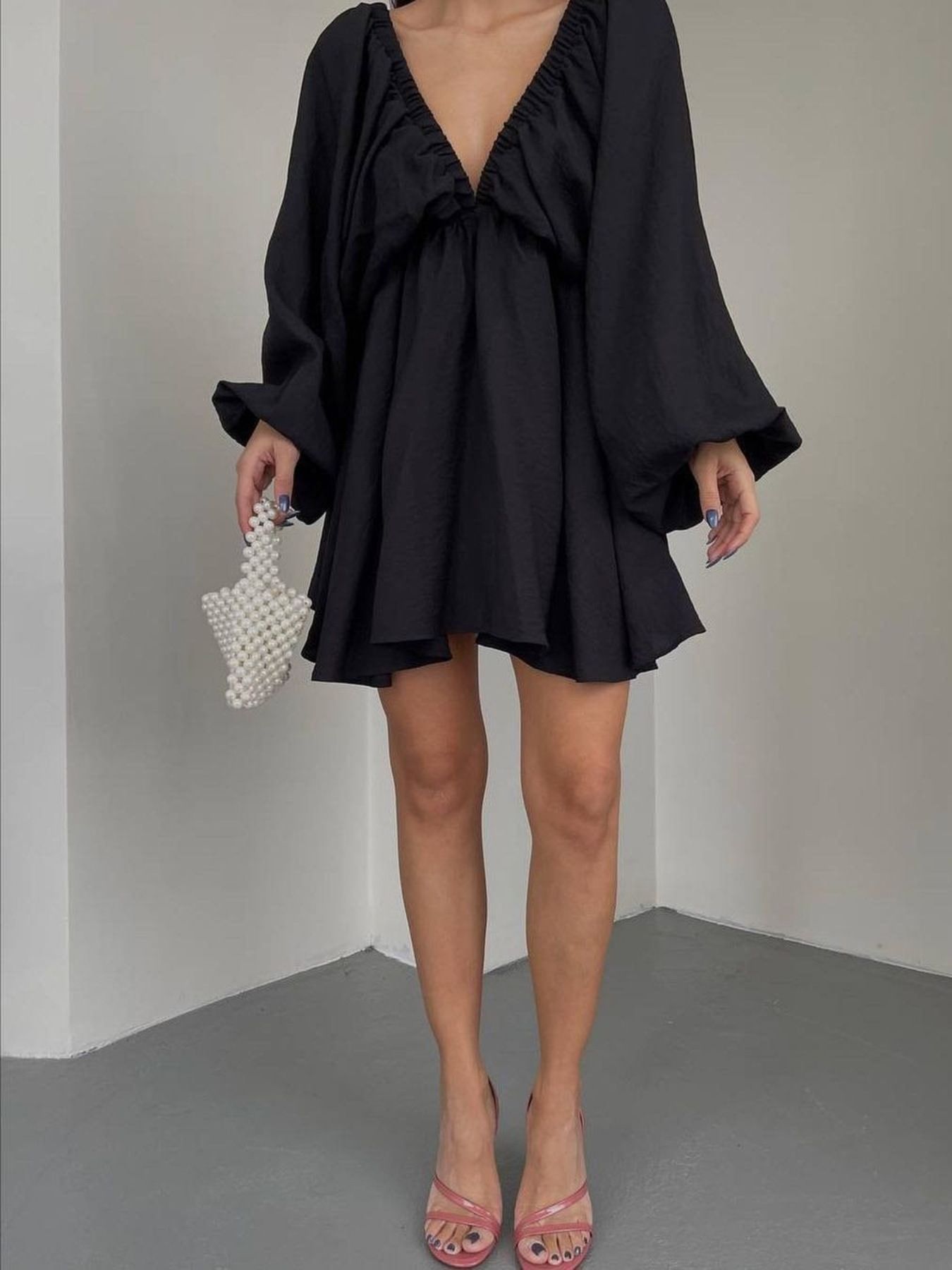 Deep V-Neck Balloon Sleeve Dress