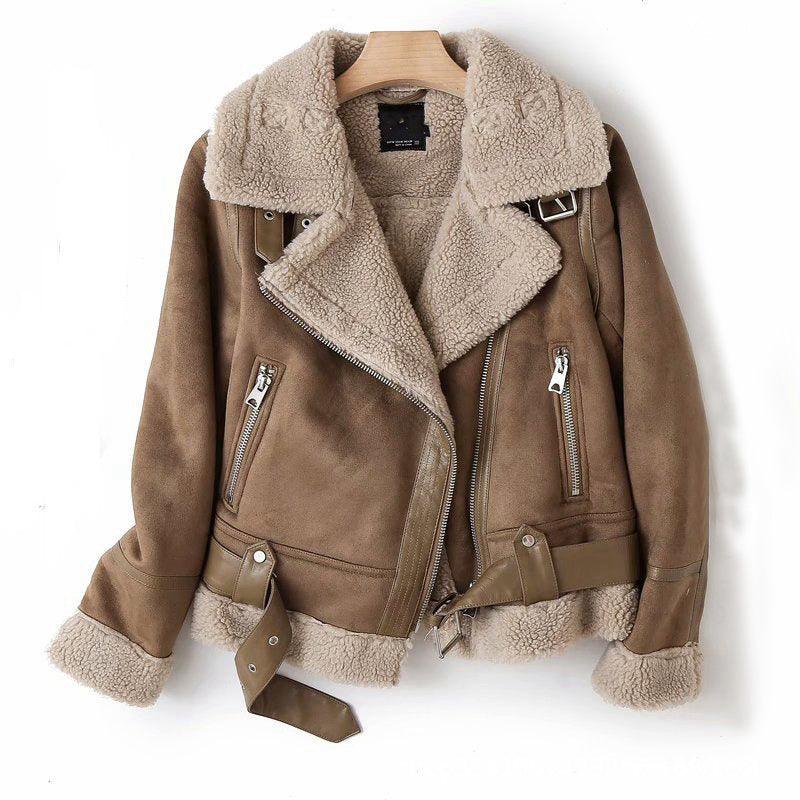 Women's Winter Suede Motorcycle Jacket - Lamb Wool Lined Lapel Coat in Black & Khaki
