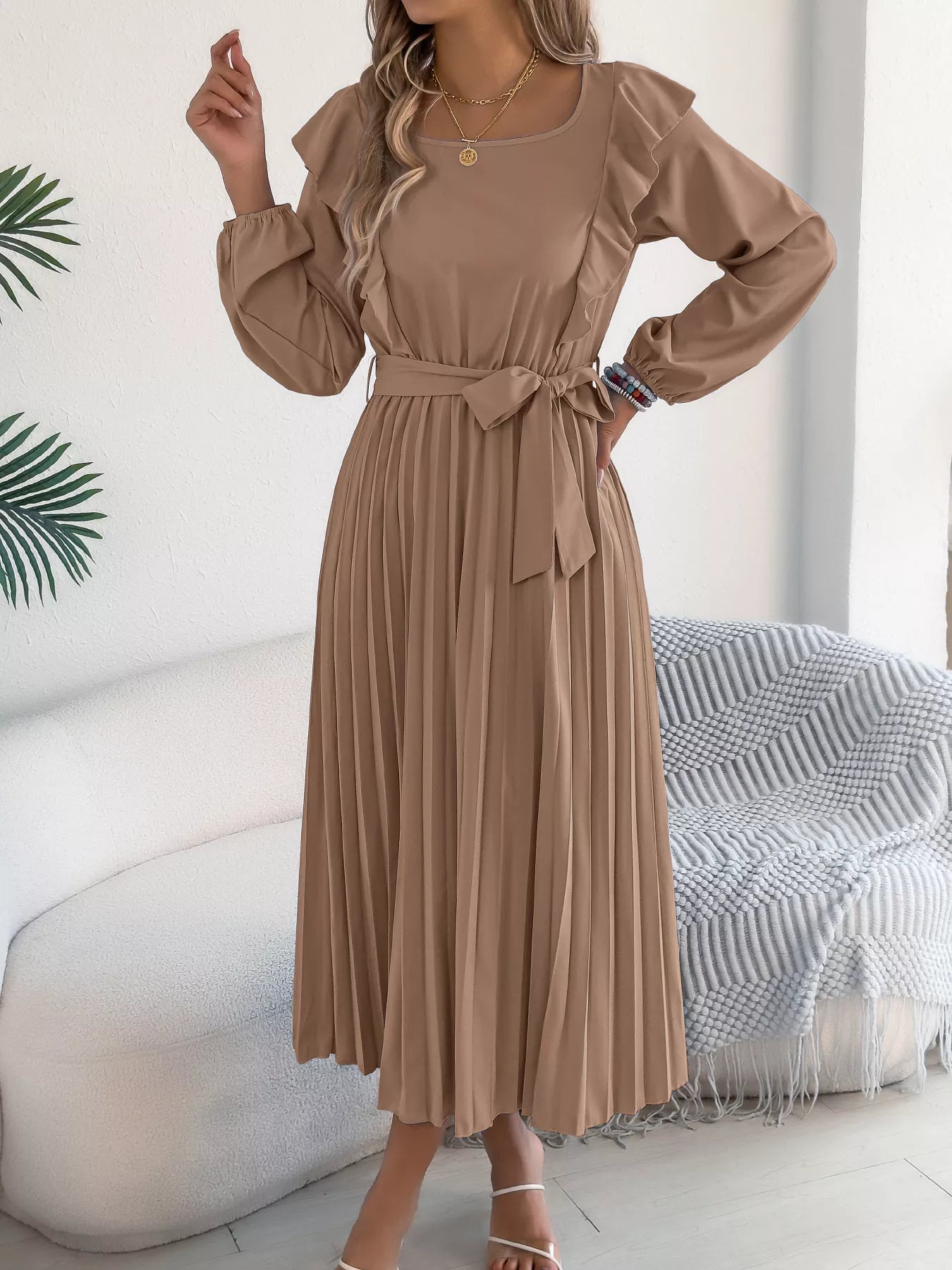 Ruffle Trim Pleated A-Line Midi Dress