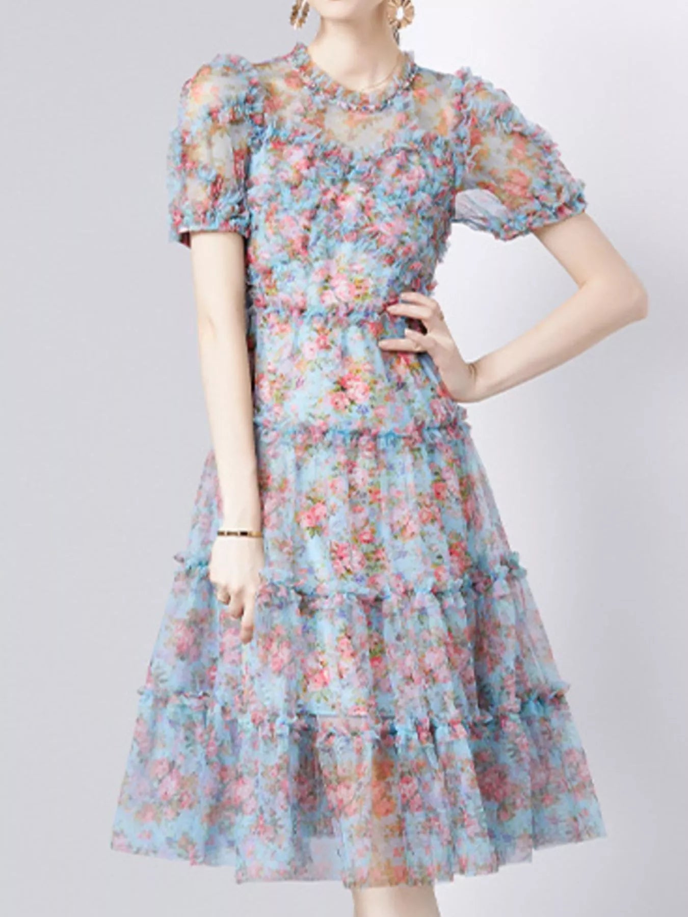 Frill Floral Print Short Sleeve Dress