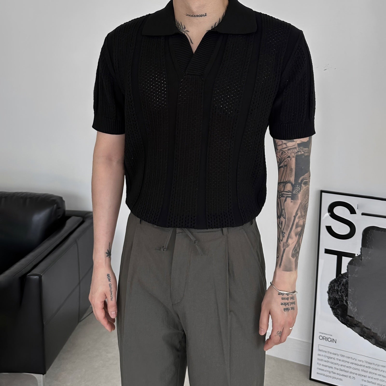 Textured Mesh Knit Polo Shirt