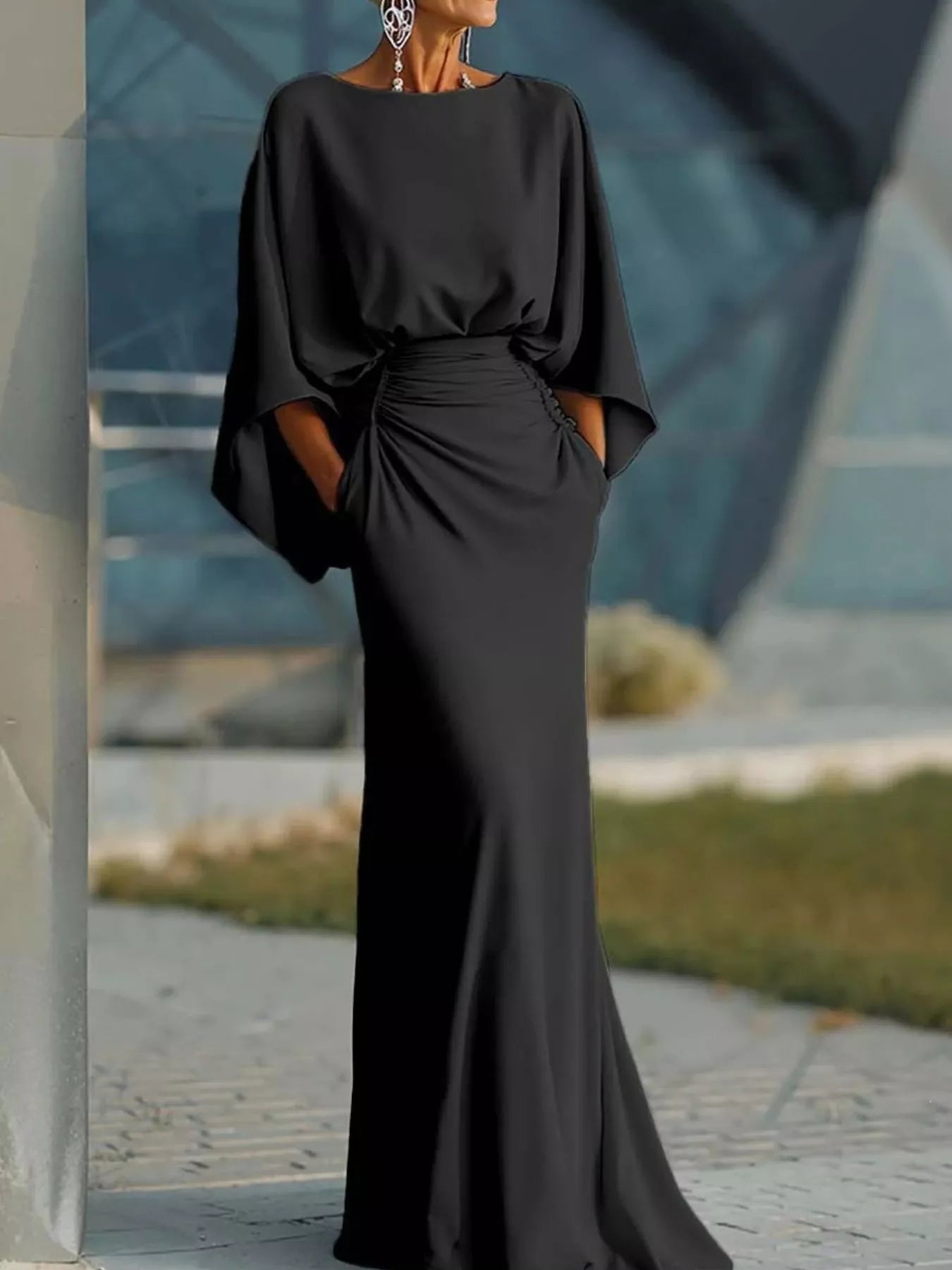 Batwing Sleeve Ruched Maxi Dress