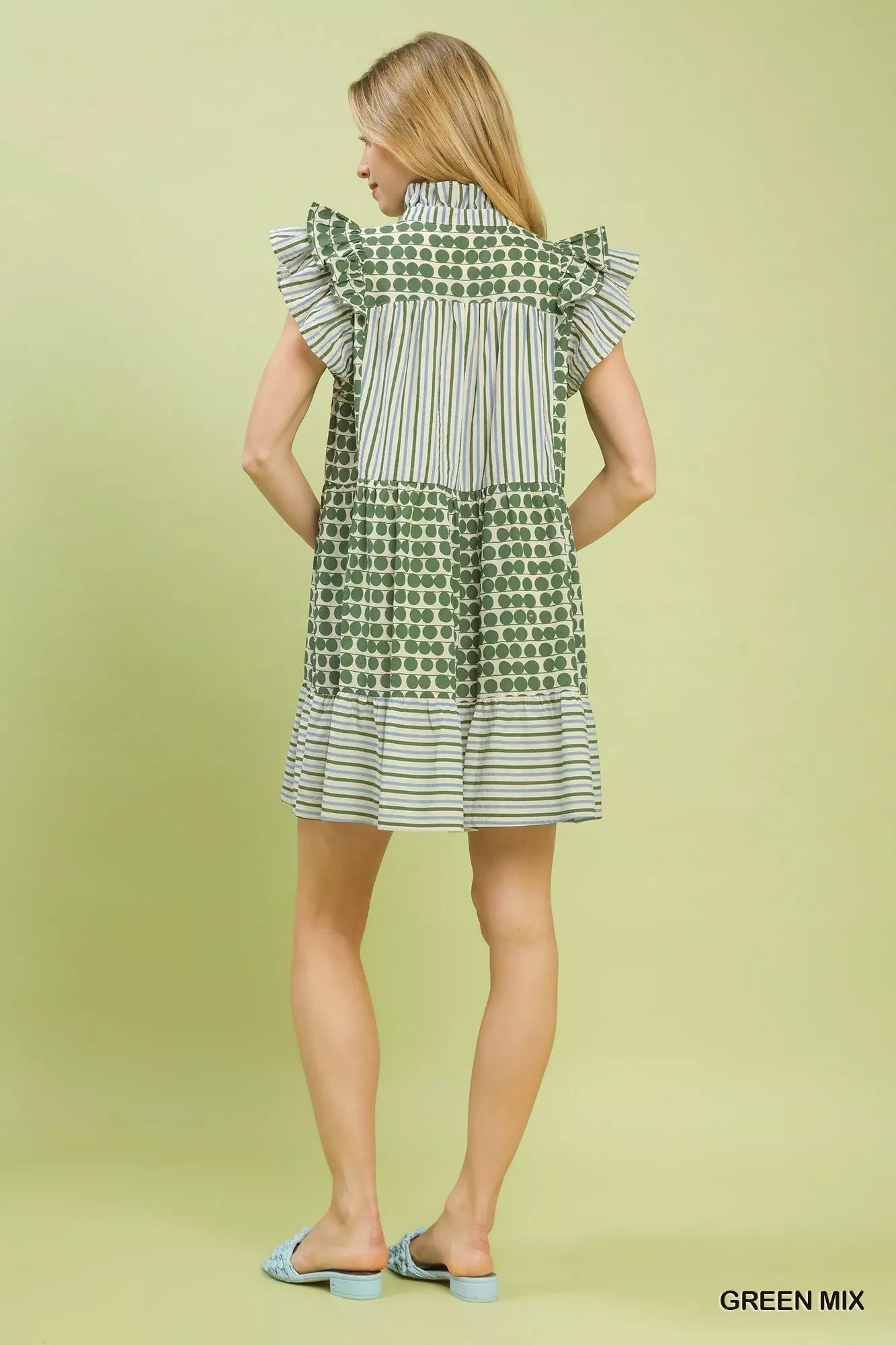 Umgee Mix Patchwork Flutter Sleeve Tiered Dress
