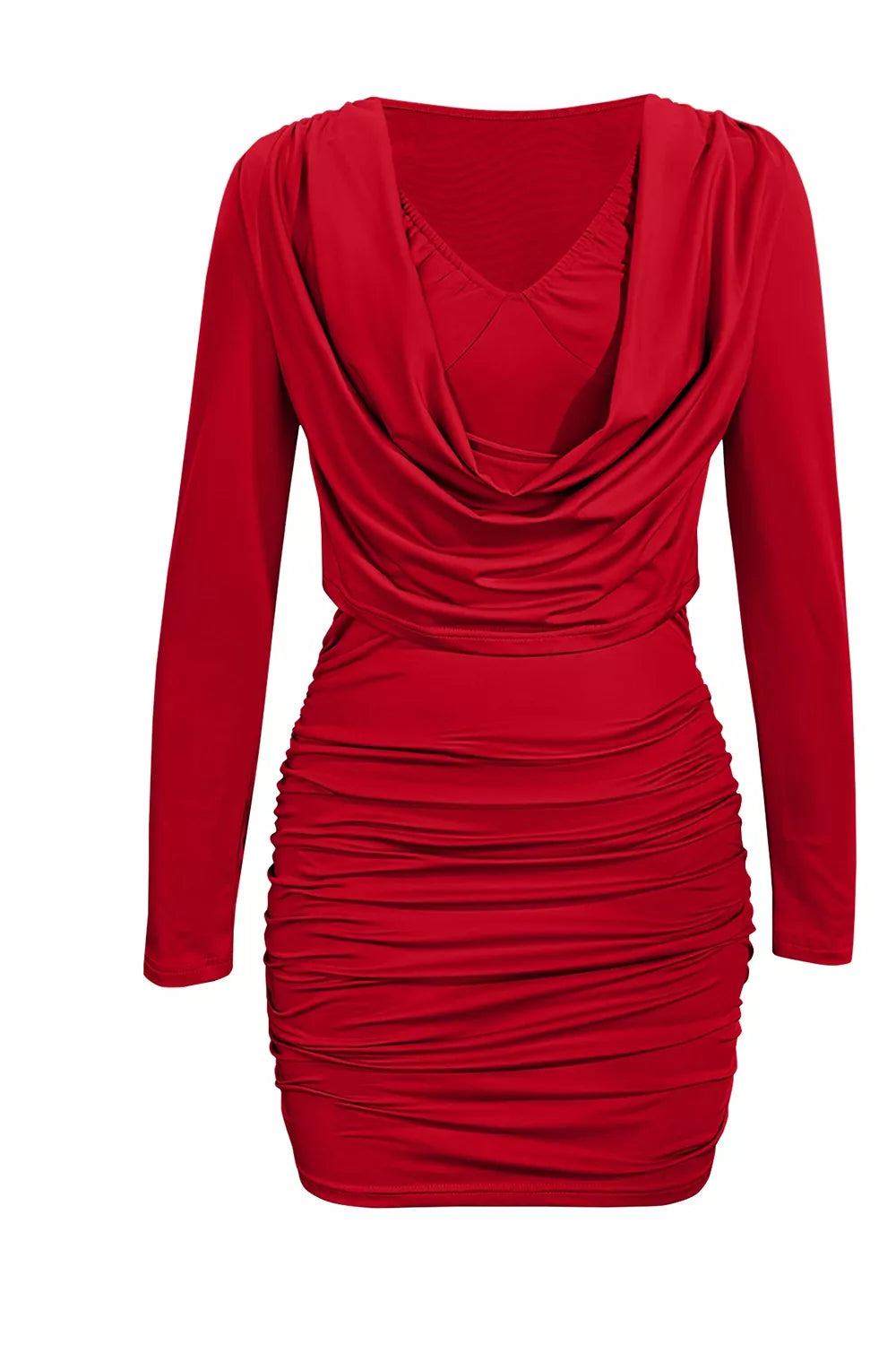 Ruched Cowl Neck Long Sleeve Mini Dress