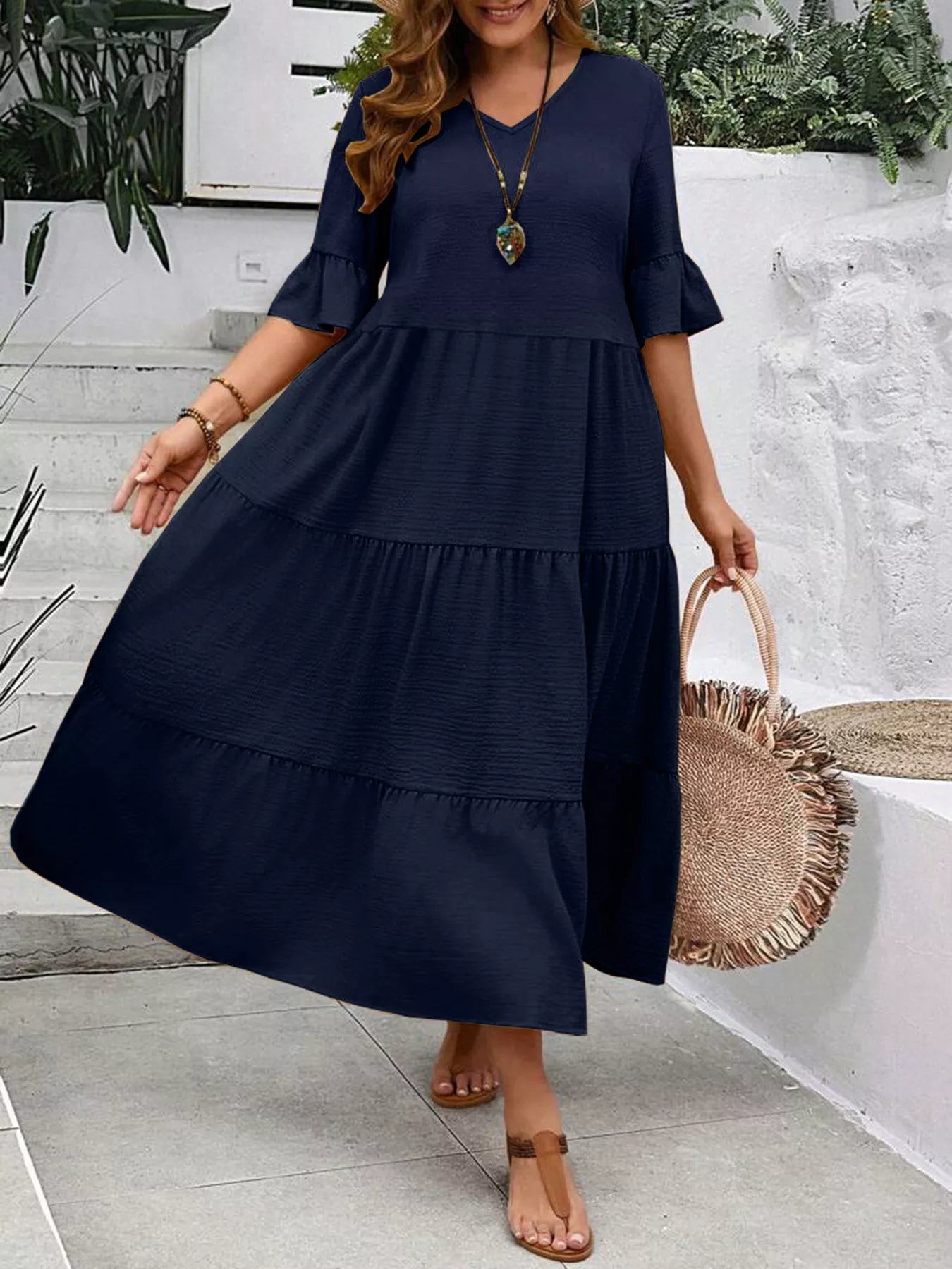 Plus Size Ruffle Sleeves Tiered Midi Dress