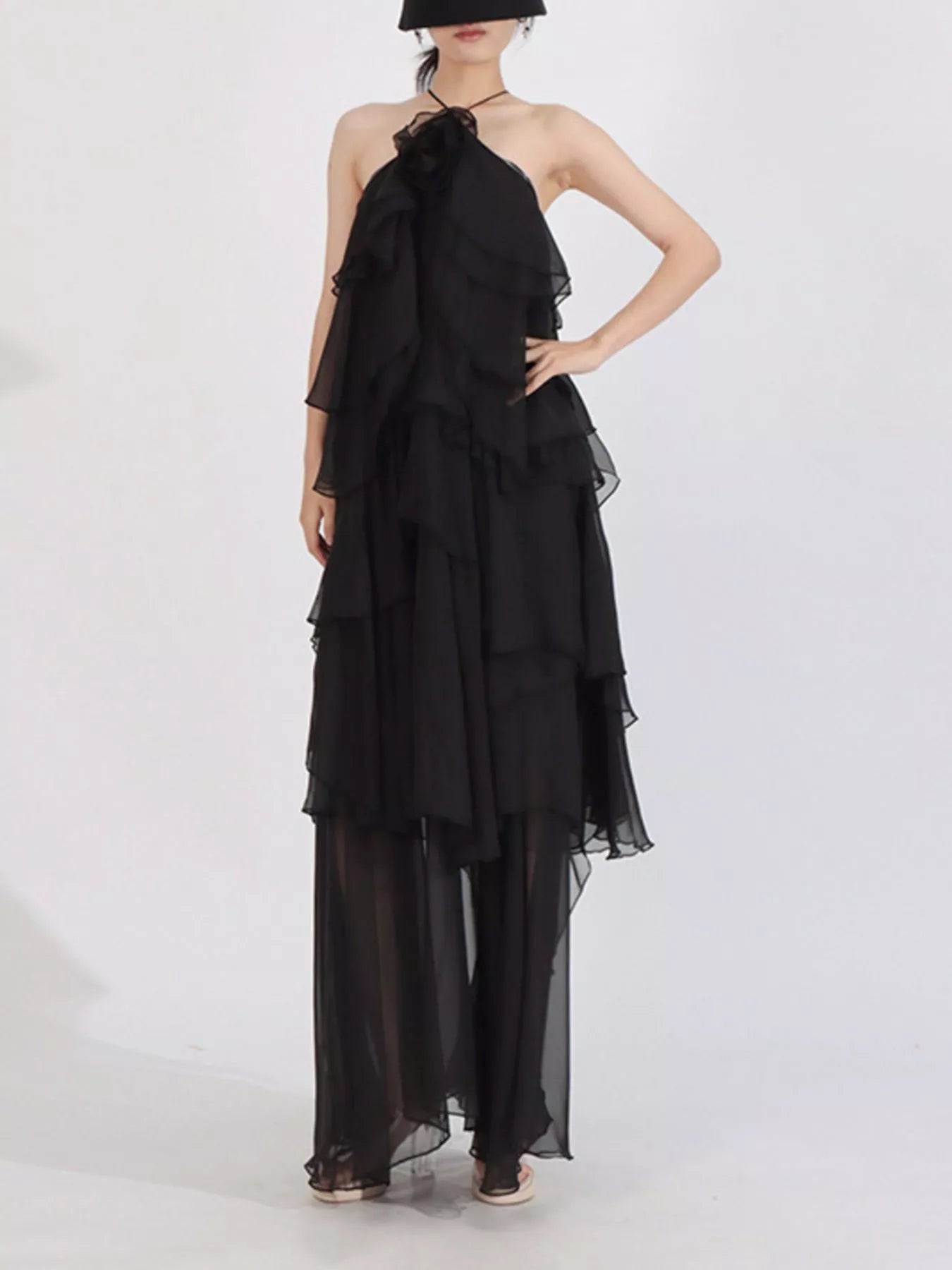 Ruffled Chiffon Halter Neck Maxi Dress
