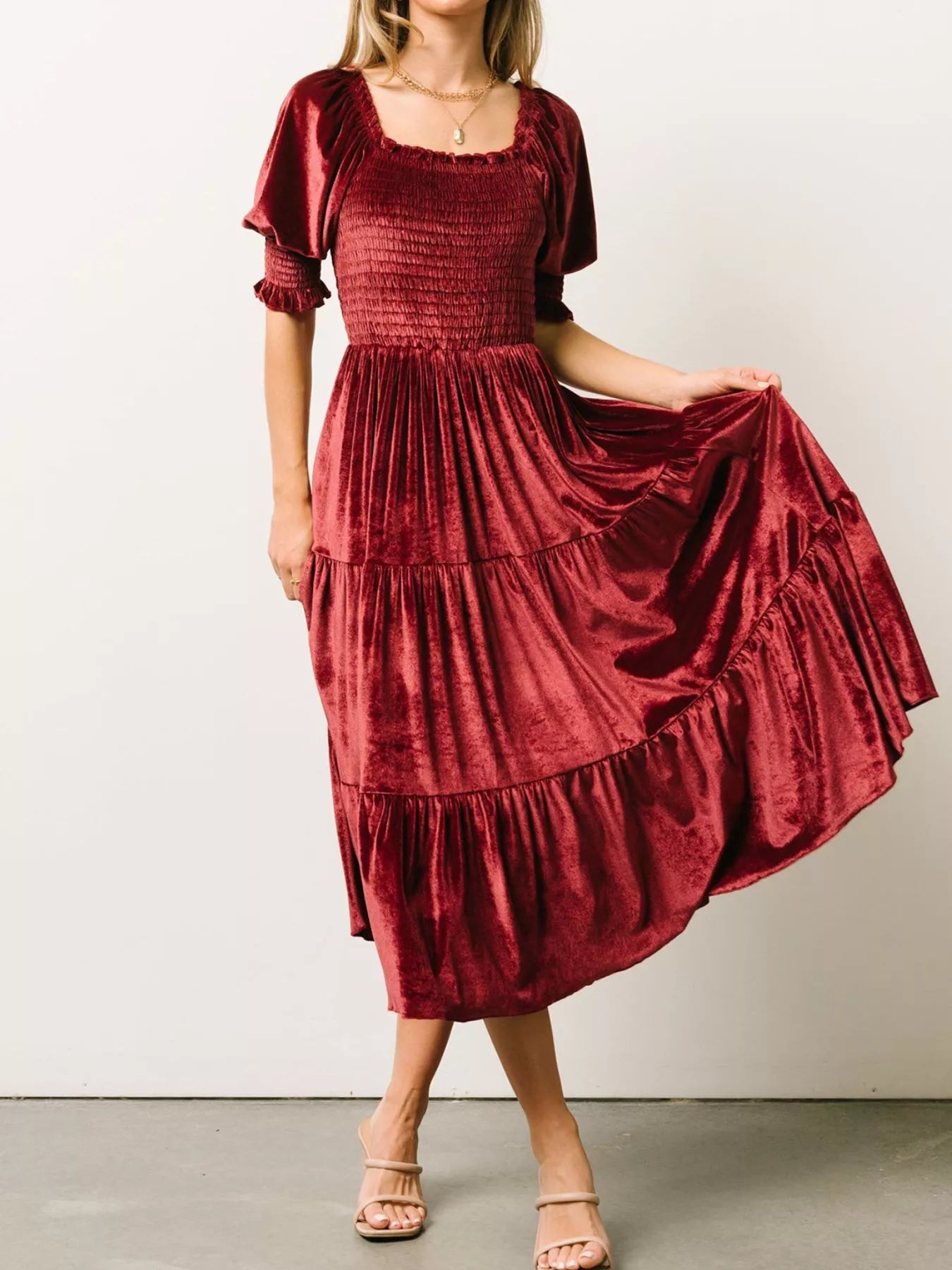 Velvet Smocked Tiered Midi Dress