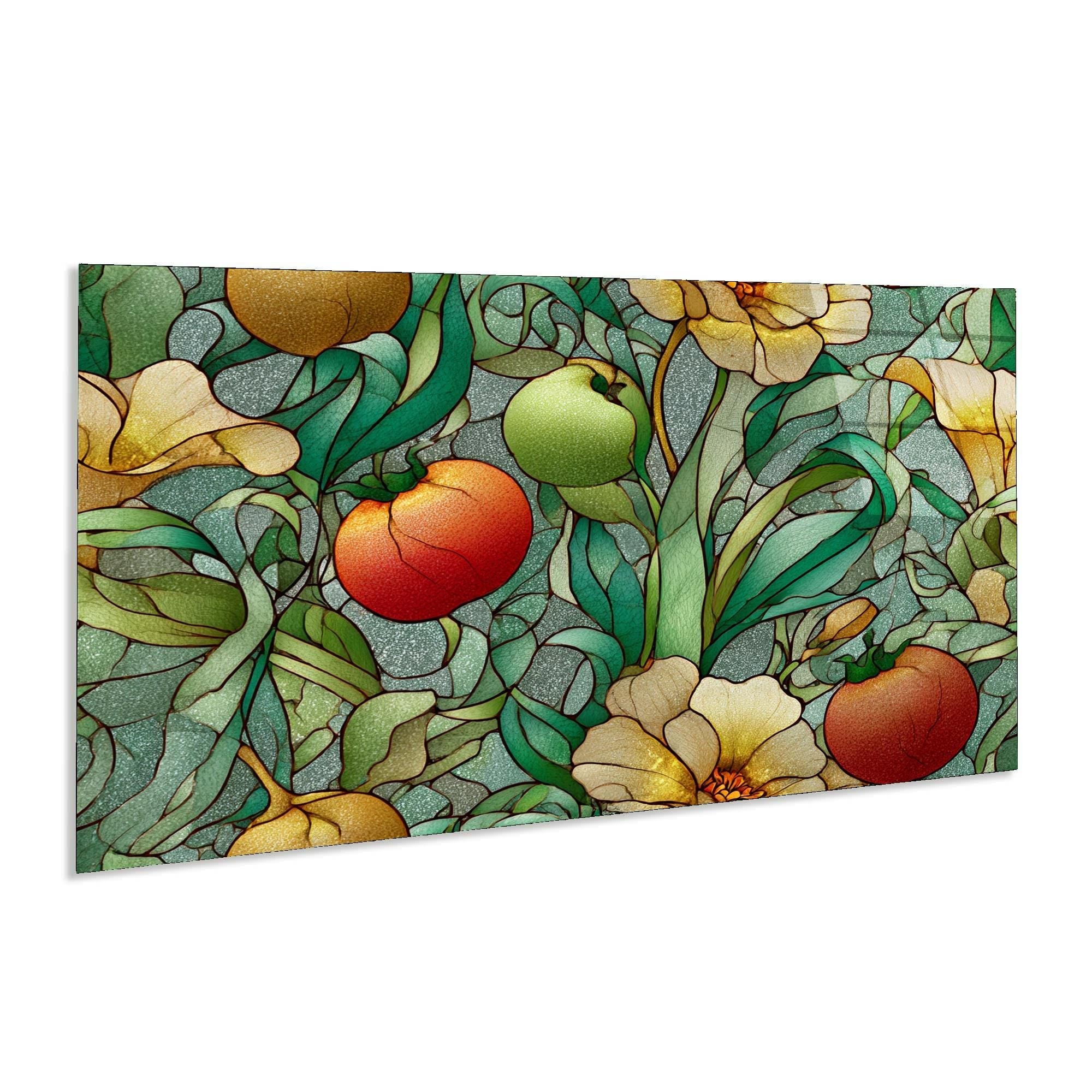 Stained Glass Look Fruits Tempered Glass Wall Art | Botanical Kitchen & Dining Room Glass Wall Décor
