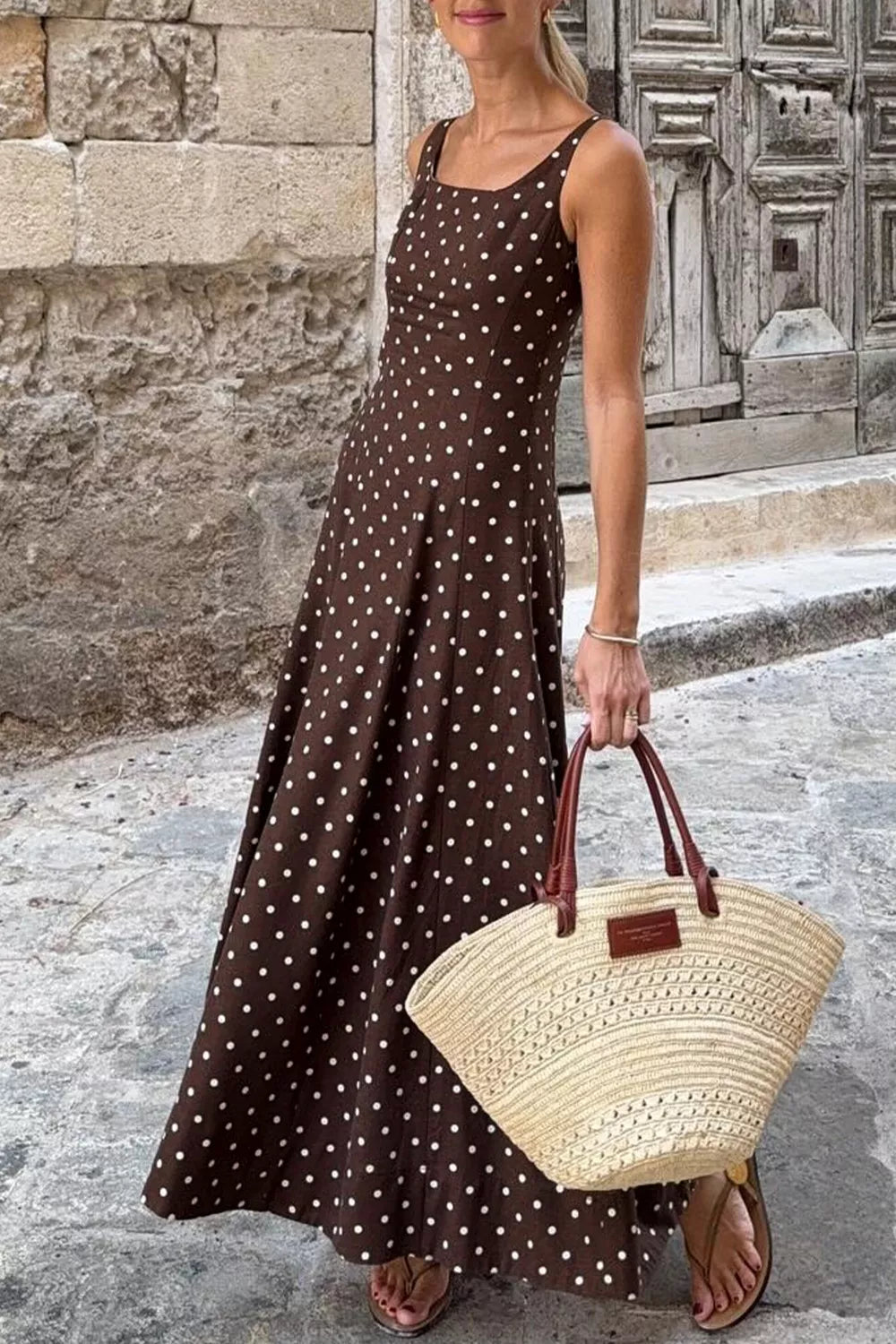 Polka Dot Print Square Neck Sleeveless Vacation Maxi Dress