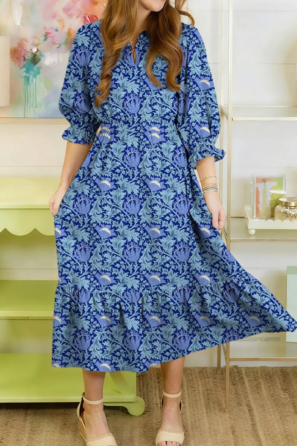Floral Printed Frilled V Neck Bracelet Sleeve Long Dress