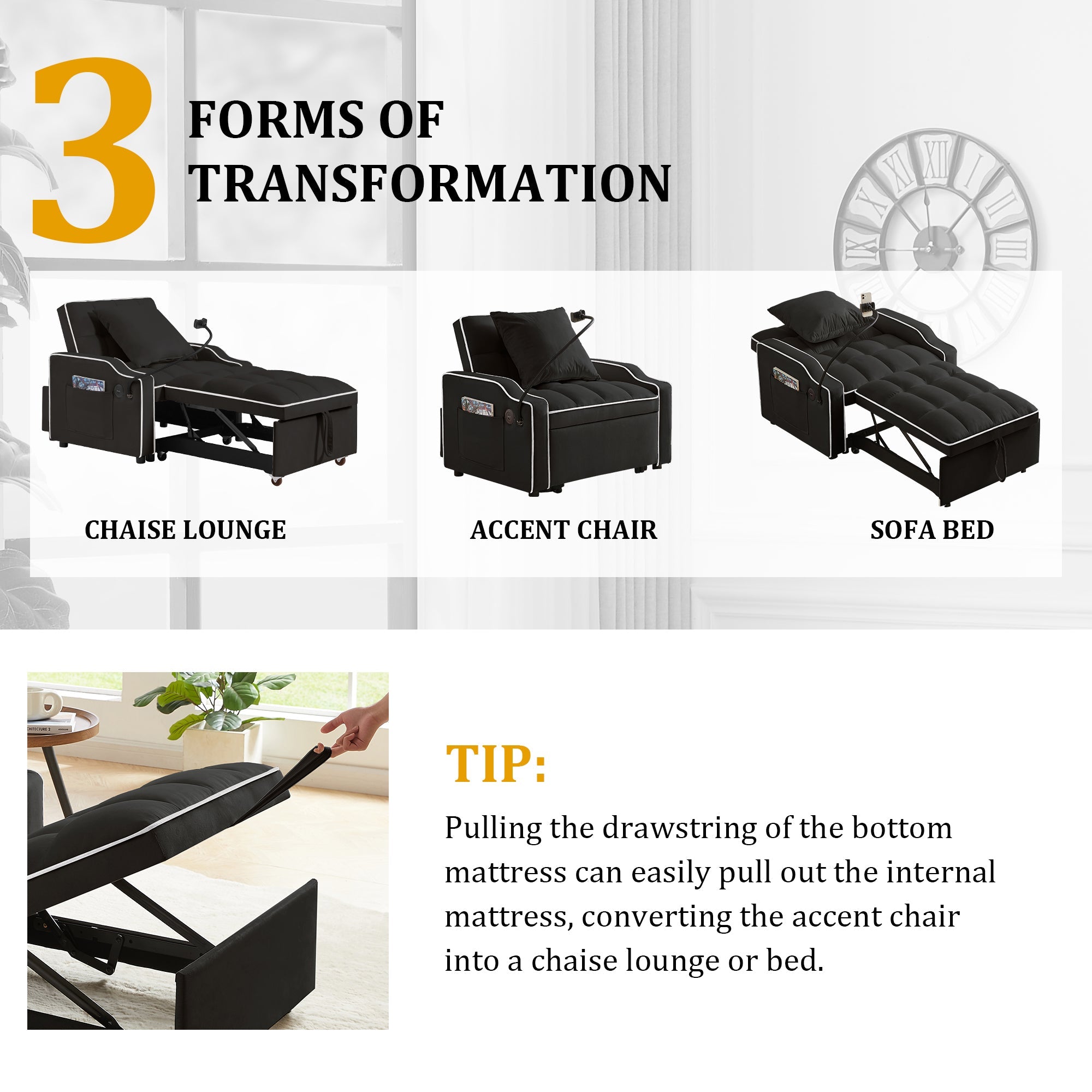 Sleeper Sofa Chair Bed - 3 In 1 Convertible Design