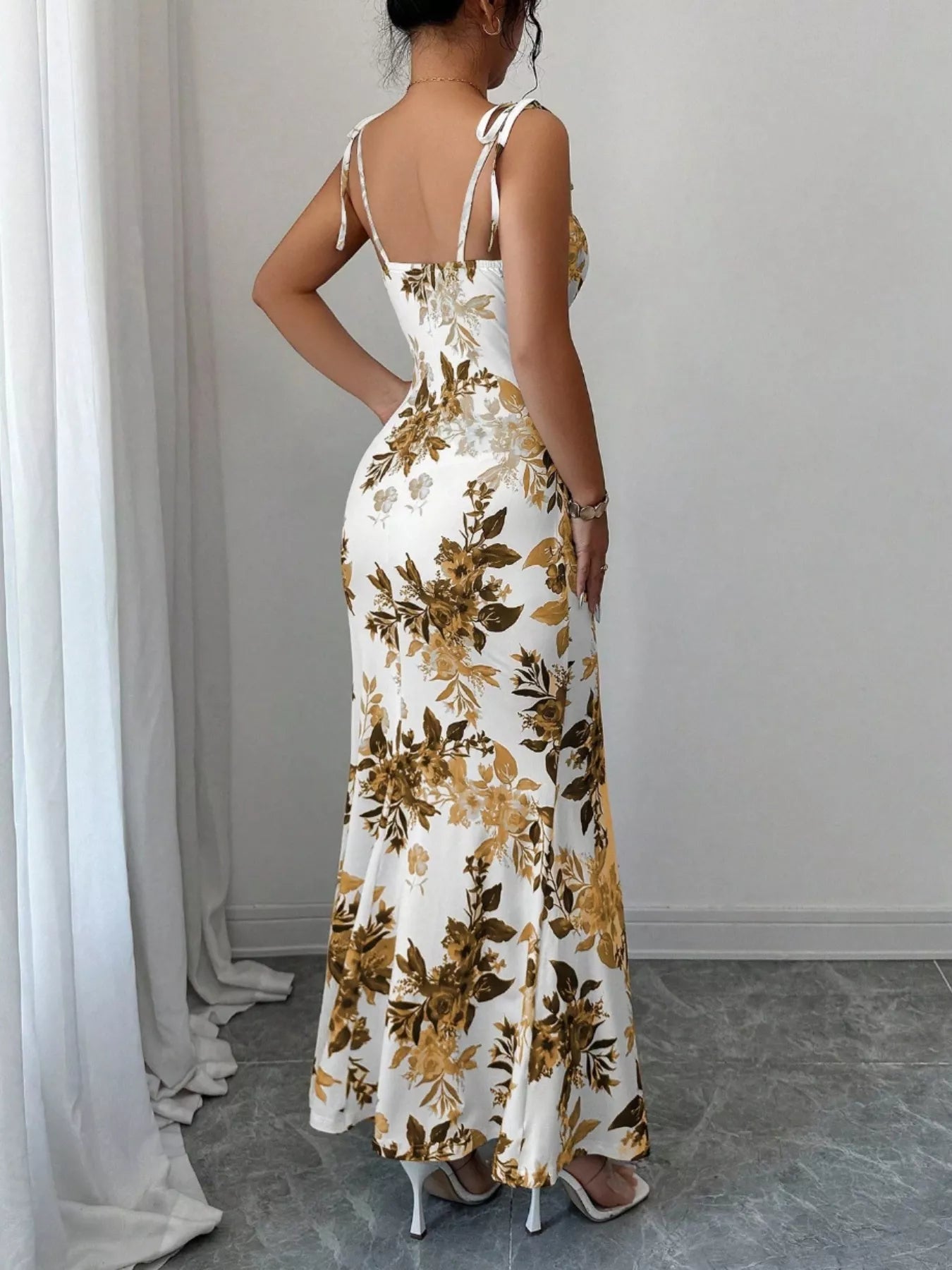 Printed Tie Strap Slit Maxi Dress