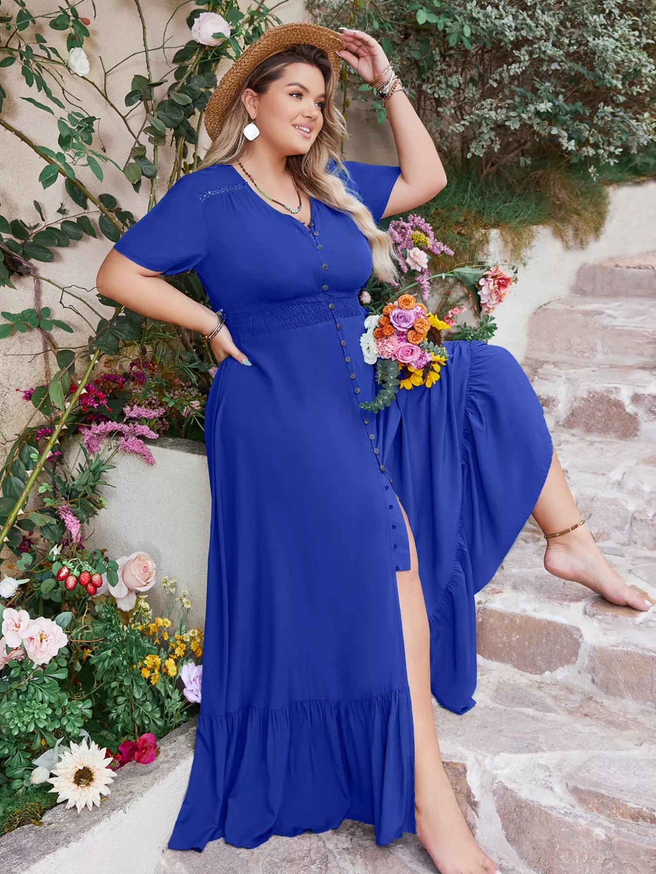 Plus Size Ruffled Hem V-Neck Maxi Dress