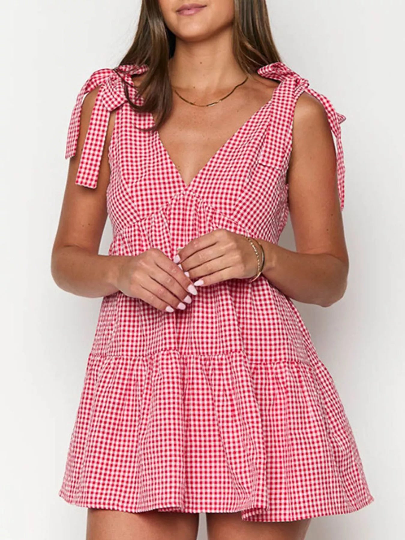 Gingham Tie-Shoulder Mini Dress