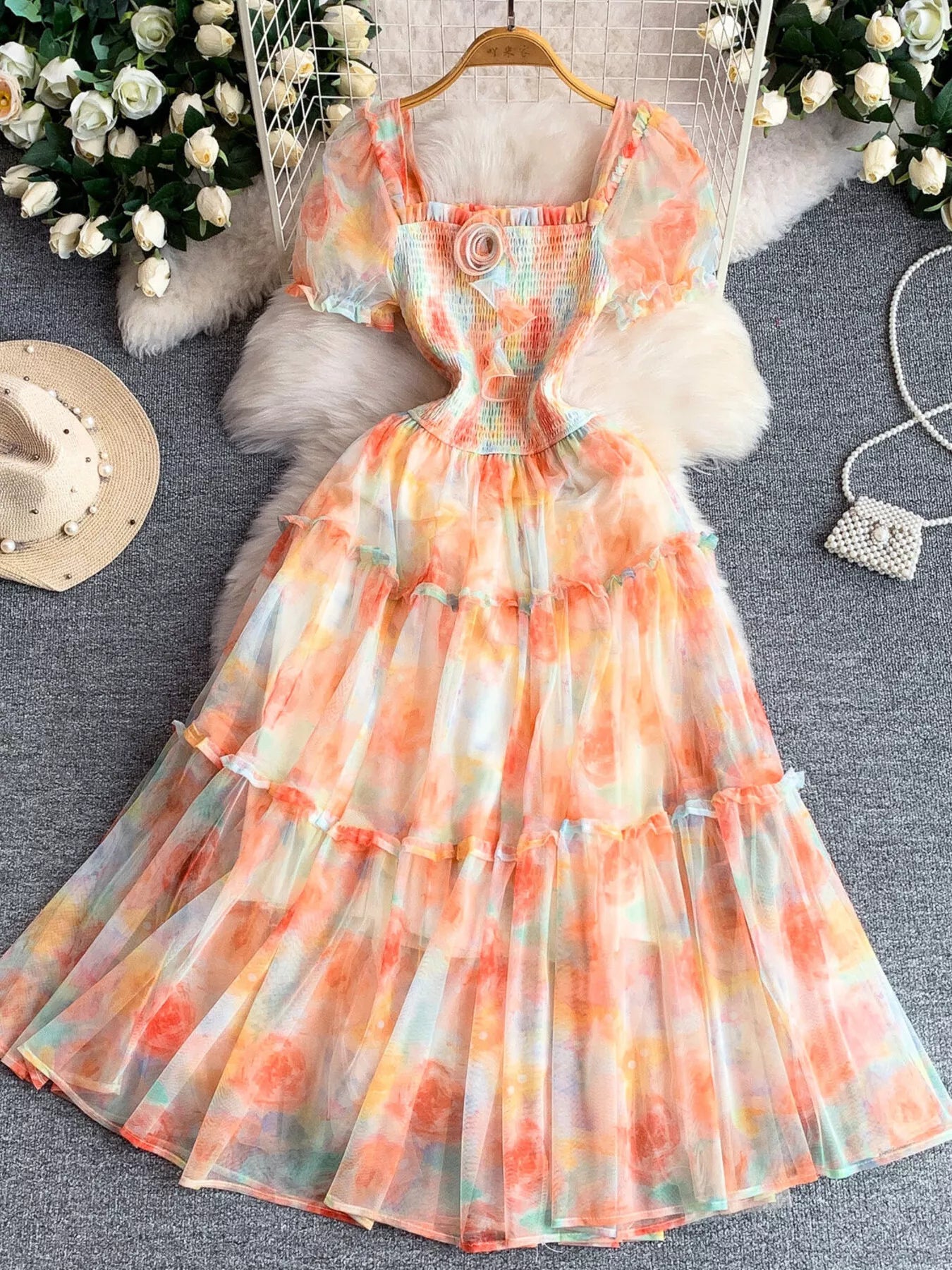 Smocked Floral Tiered Mesh Midi Dress