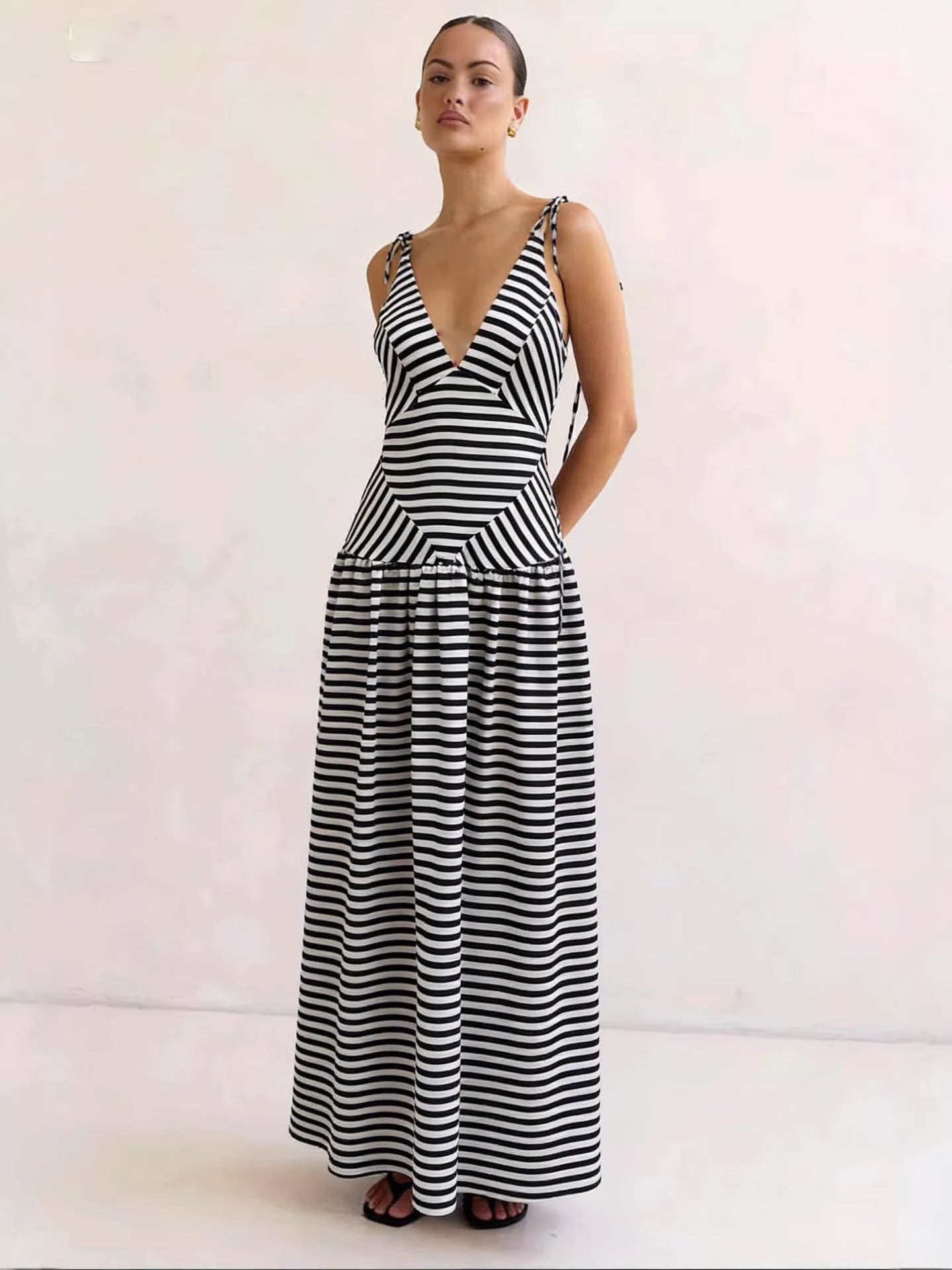 Striped V-Neck Tie-Shoulder Maxi Dress