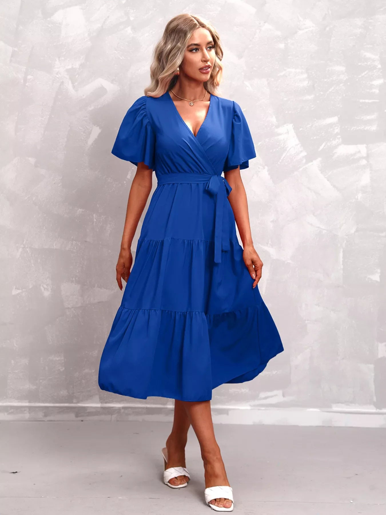 Flutter Sleeve Tiered Midi Dress