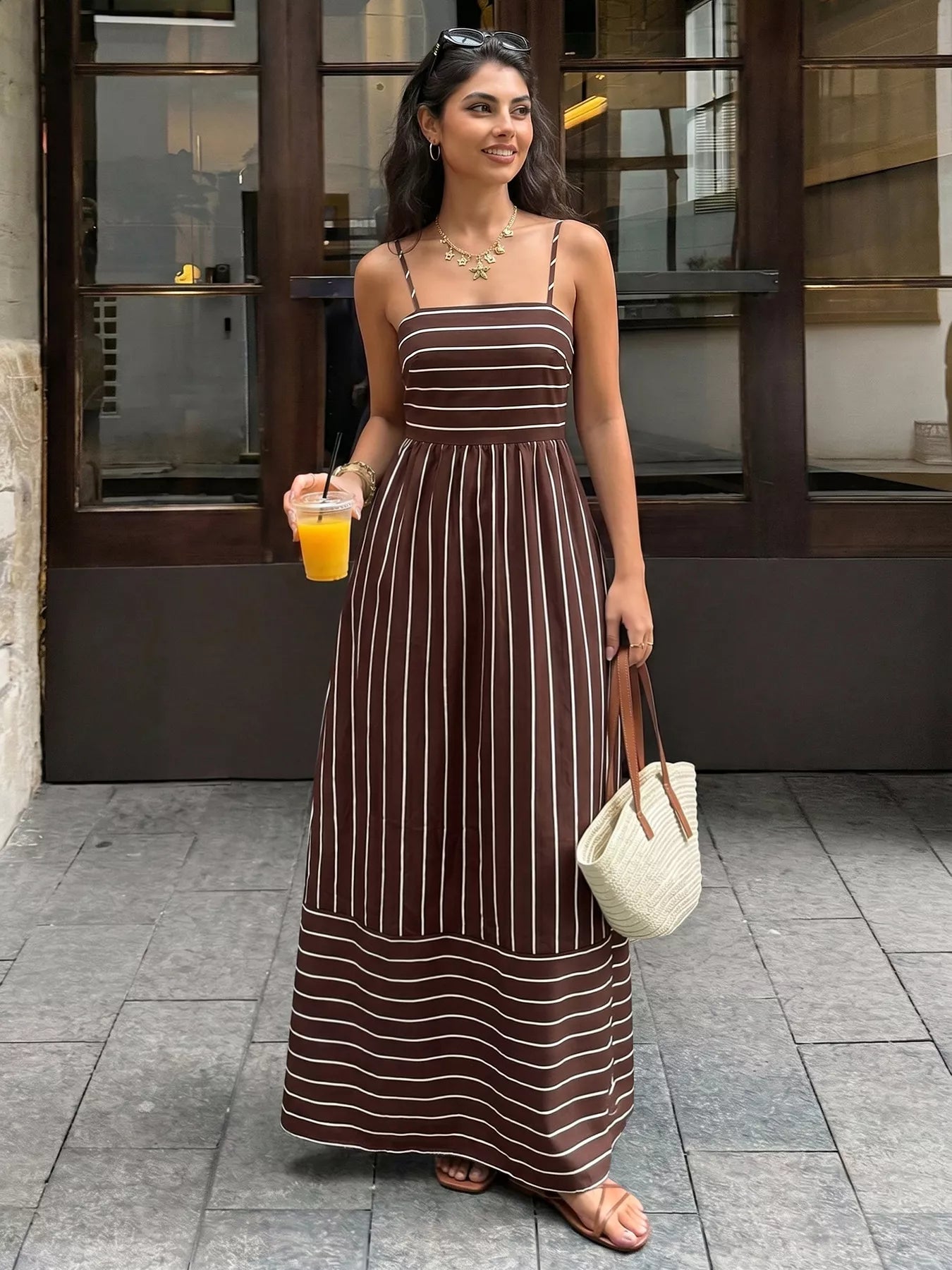Striped Print Spaghetti Strap Maxi Dress