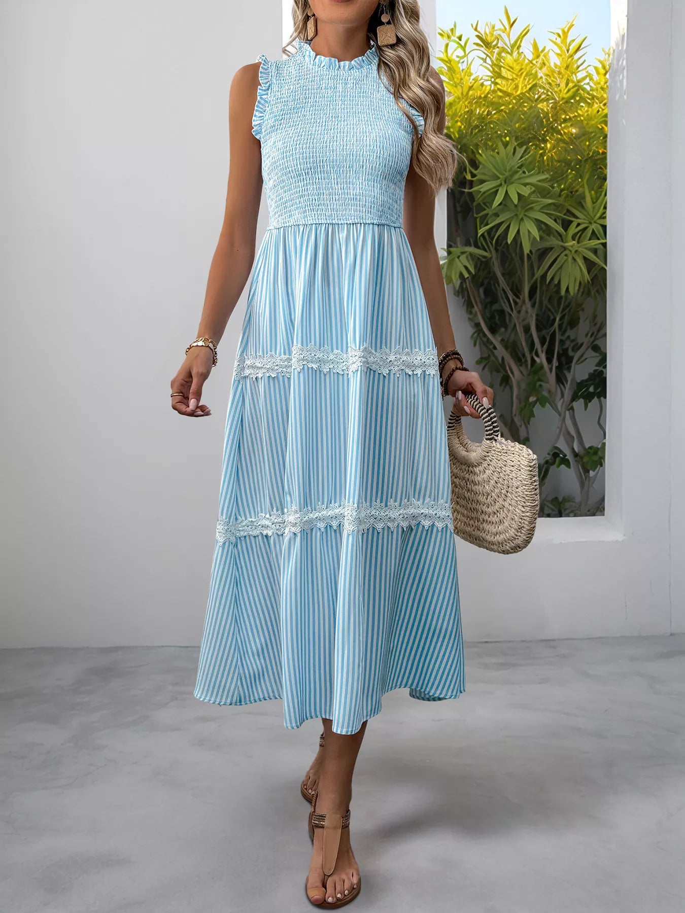 Striped Smocked Sleeveless Tiered Midi Dress