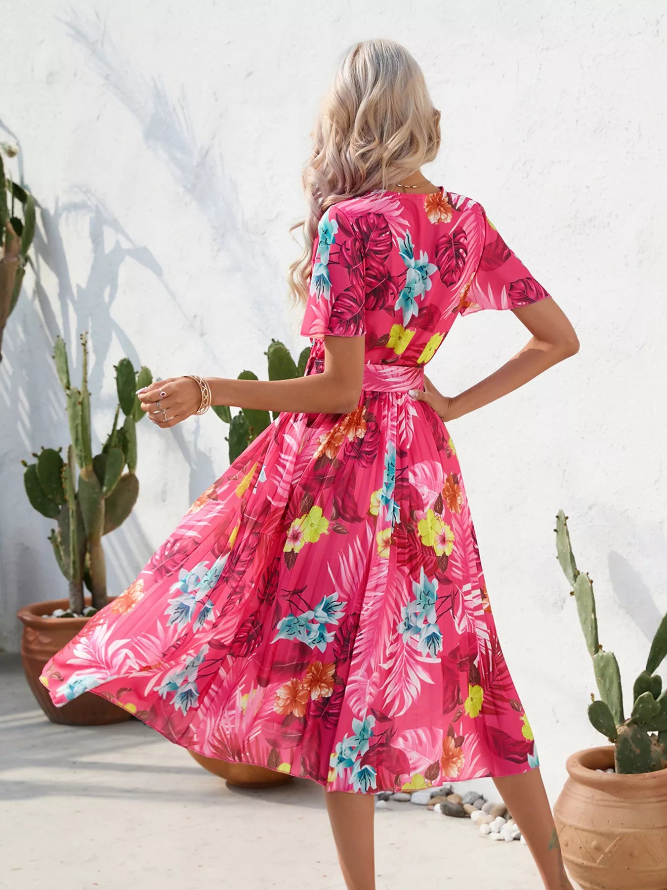 Pleated Tropical Print Belted Midi Dress