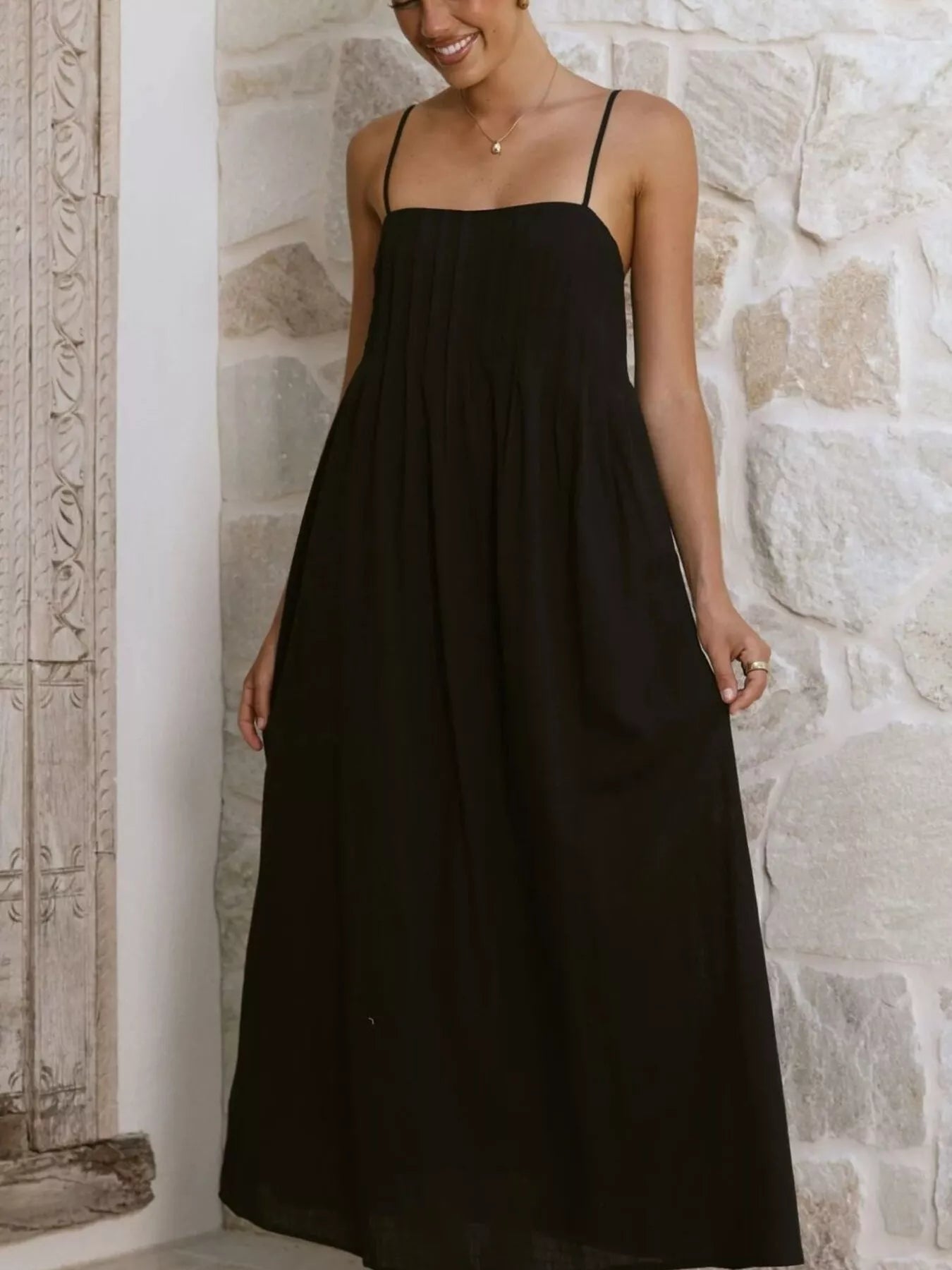 Pleated Bodice Midi Cami Dress