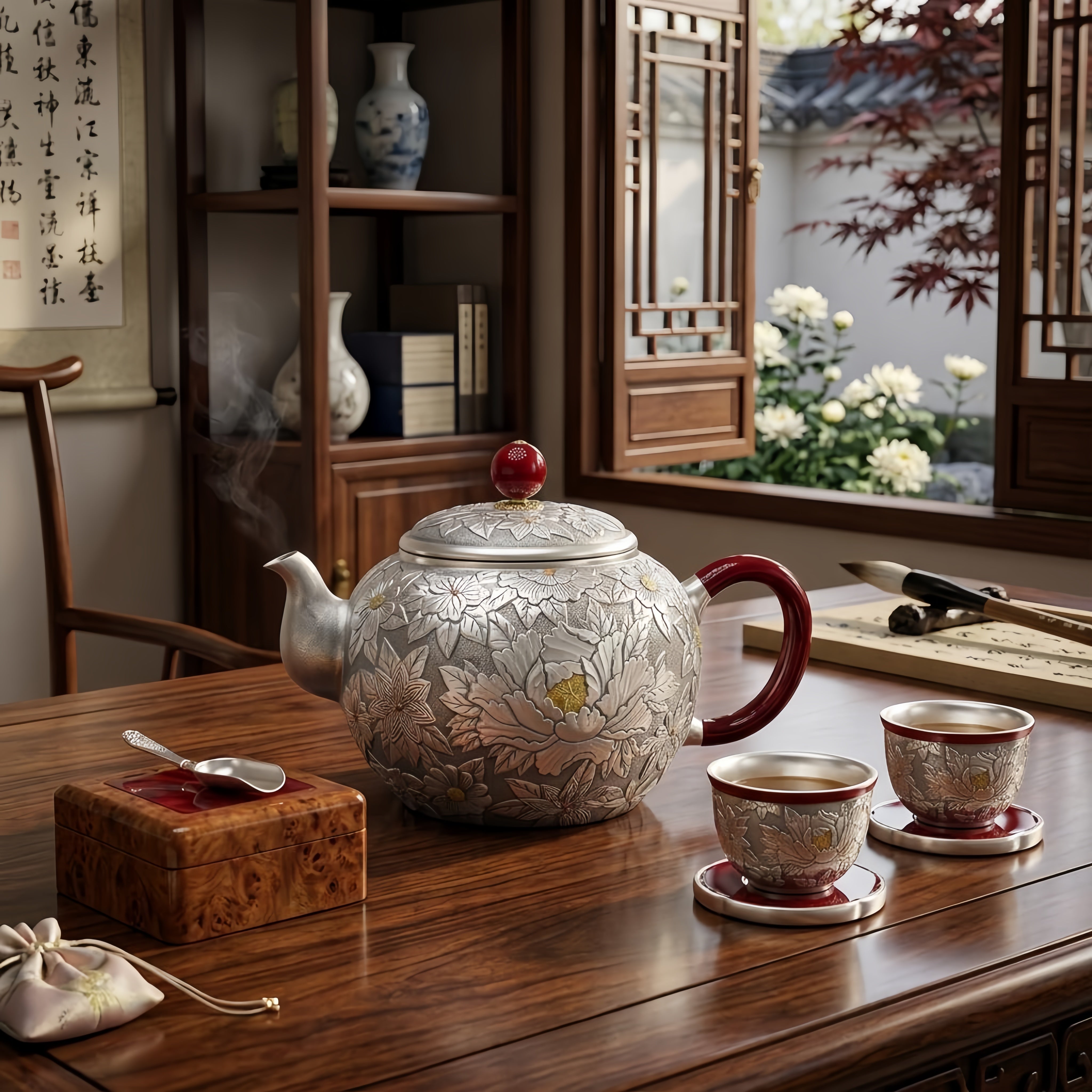 925 Sterling Silver Artisan Handcrafted Silver Teapot with Elegant Peony Engravings and Red Crimson Accents - Handicraft