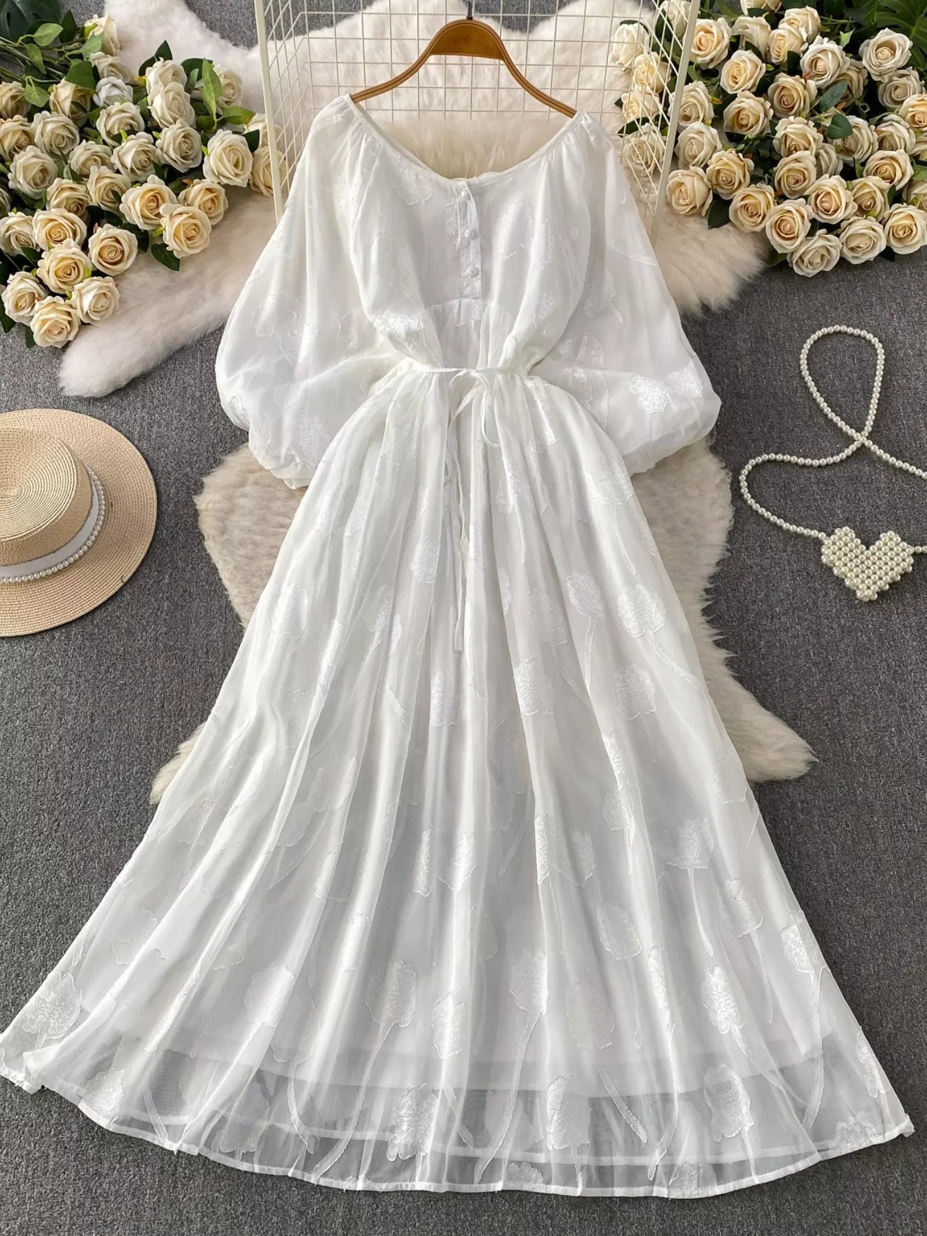 Button Front Puff Sleeve Chiffon Dress