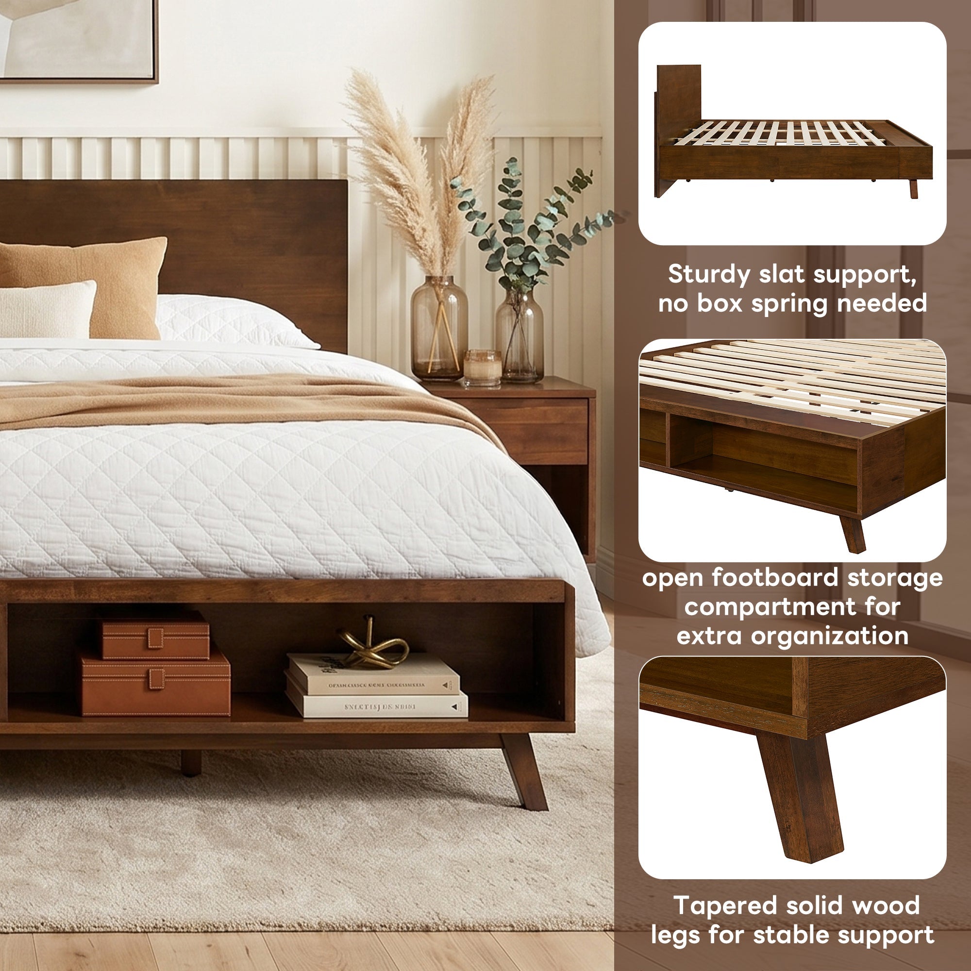 Walnut King Size Platform Bed Frame with Footboard Storage