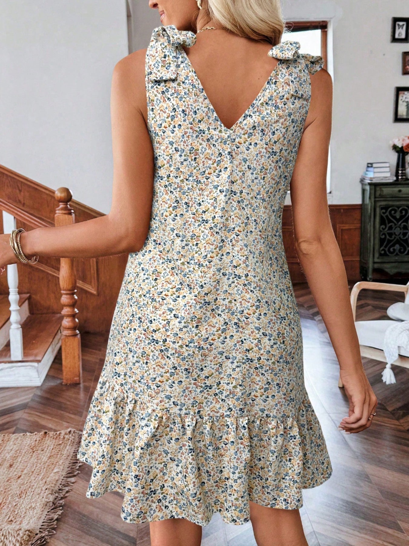 Floral Print Tie Strap Ruffle Hem Mini Dress