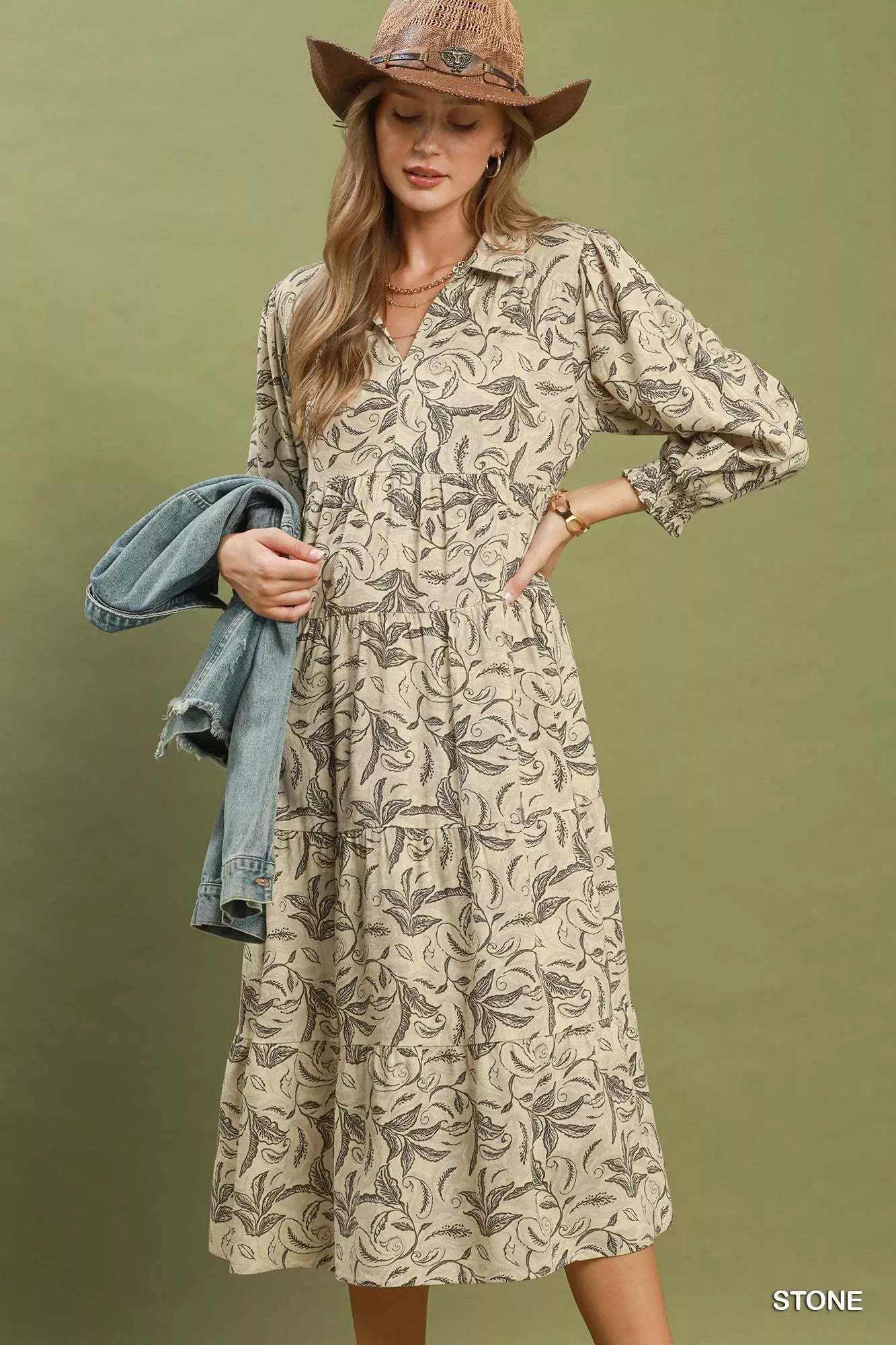 Umgee Linen Botanical Print Tiered Midi Dress