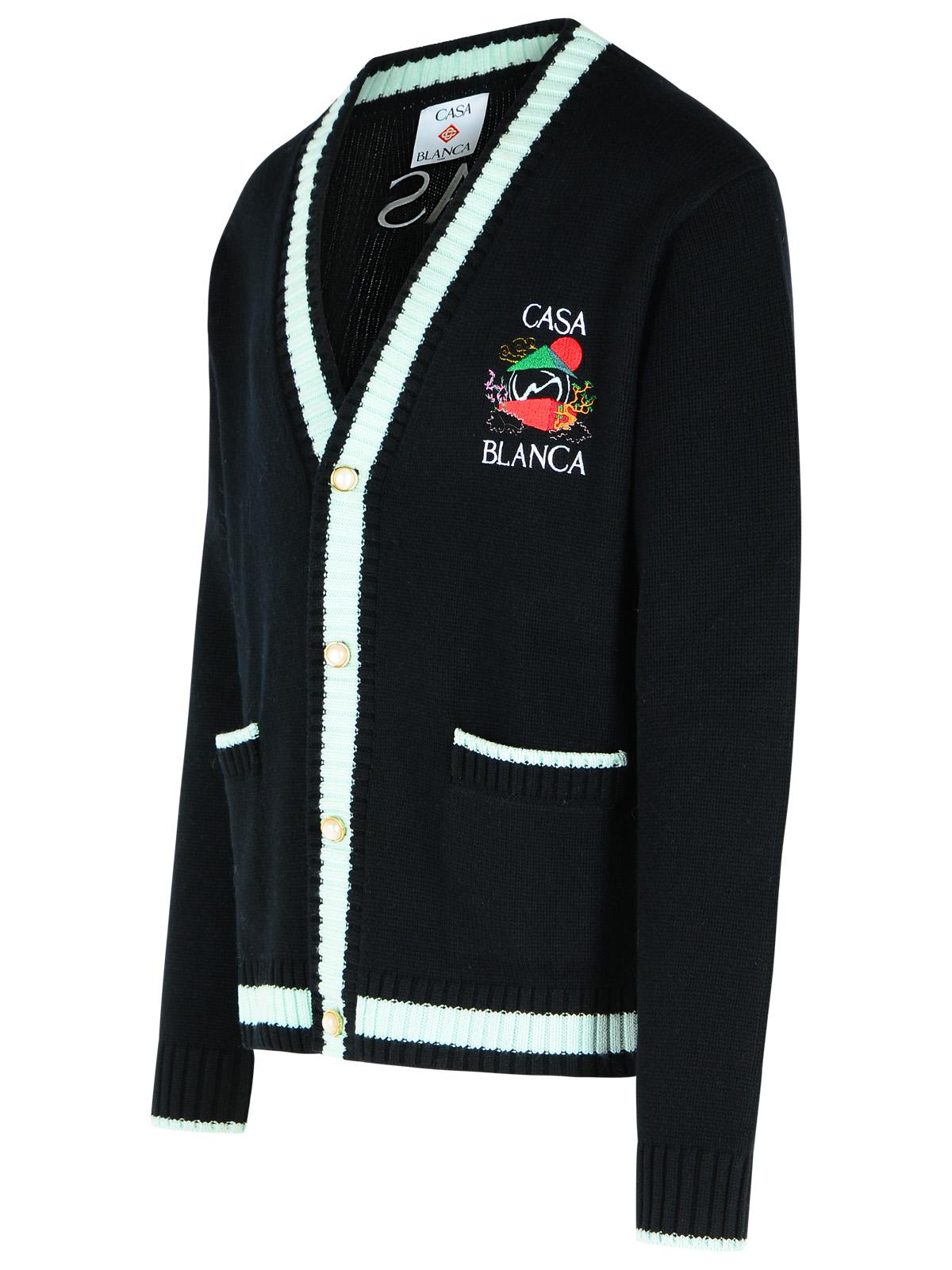 Casablanca 'Mountain Temple' Black Merino Wool Embroidered Cardigan Men