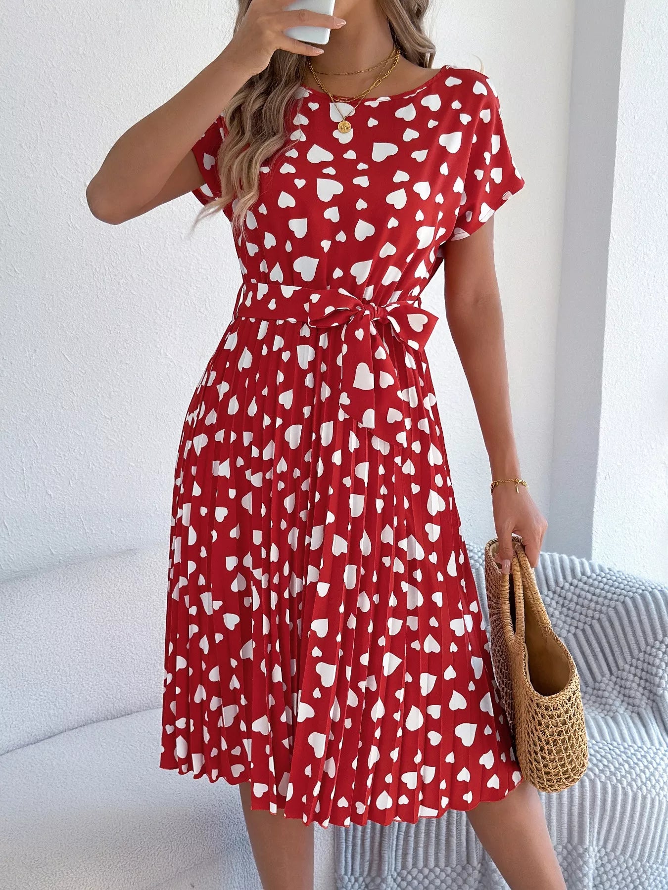 Heart Print Belted Pleated Midi Dress