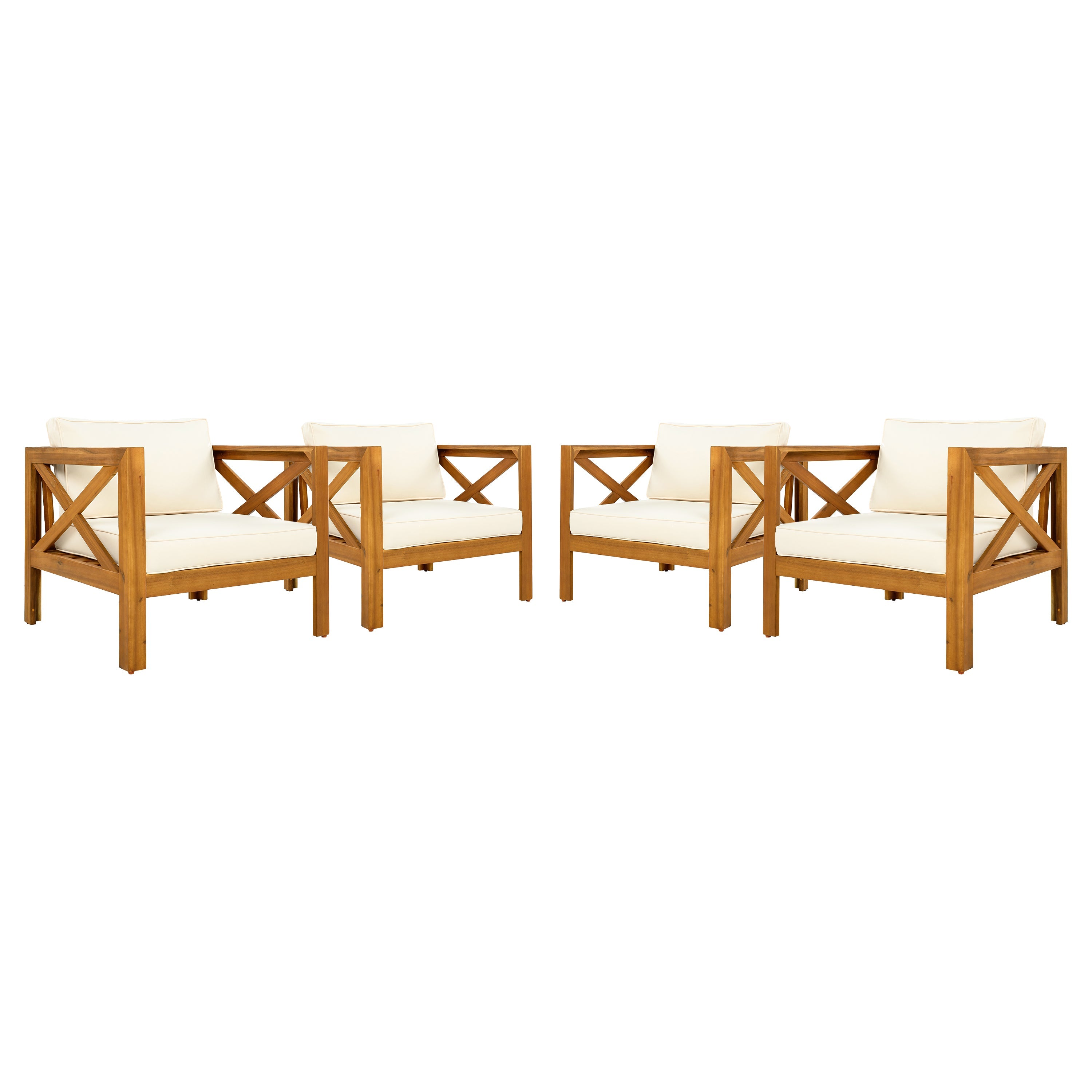Outdoor Acacia Wood Club Wooden Armchair with Cushions (Set of 4)