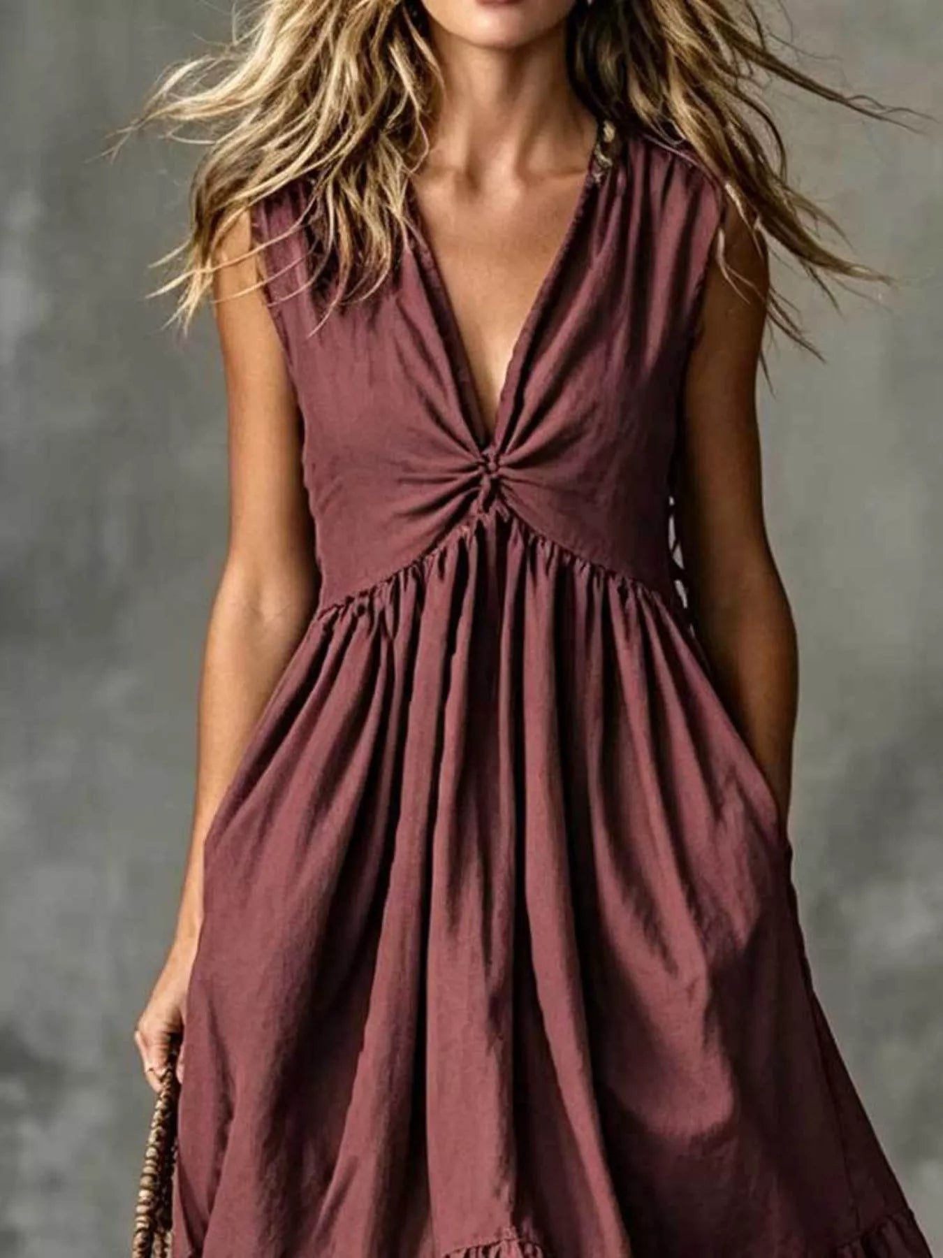 V-Neck Twisted Tiered Midi Dress