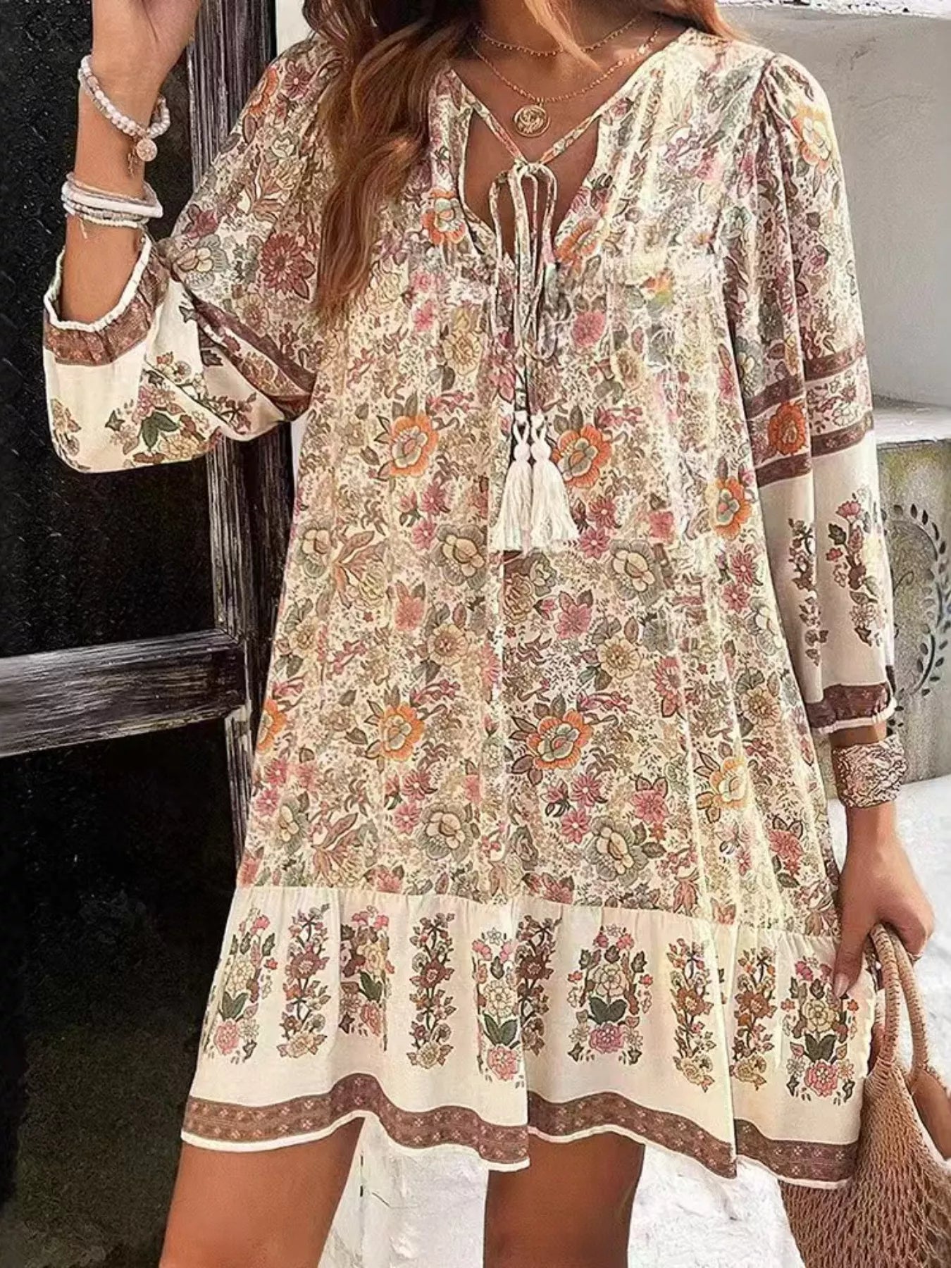 Floral Print Tassel Tie Neck Mini Dress