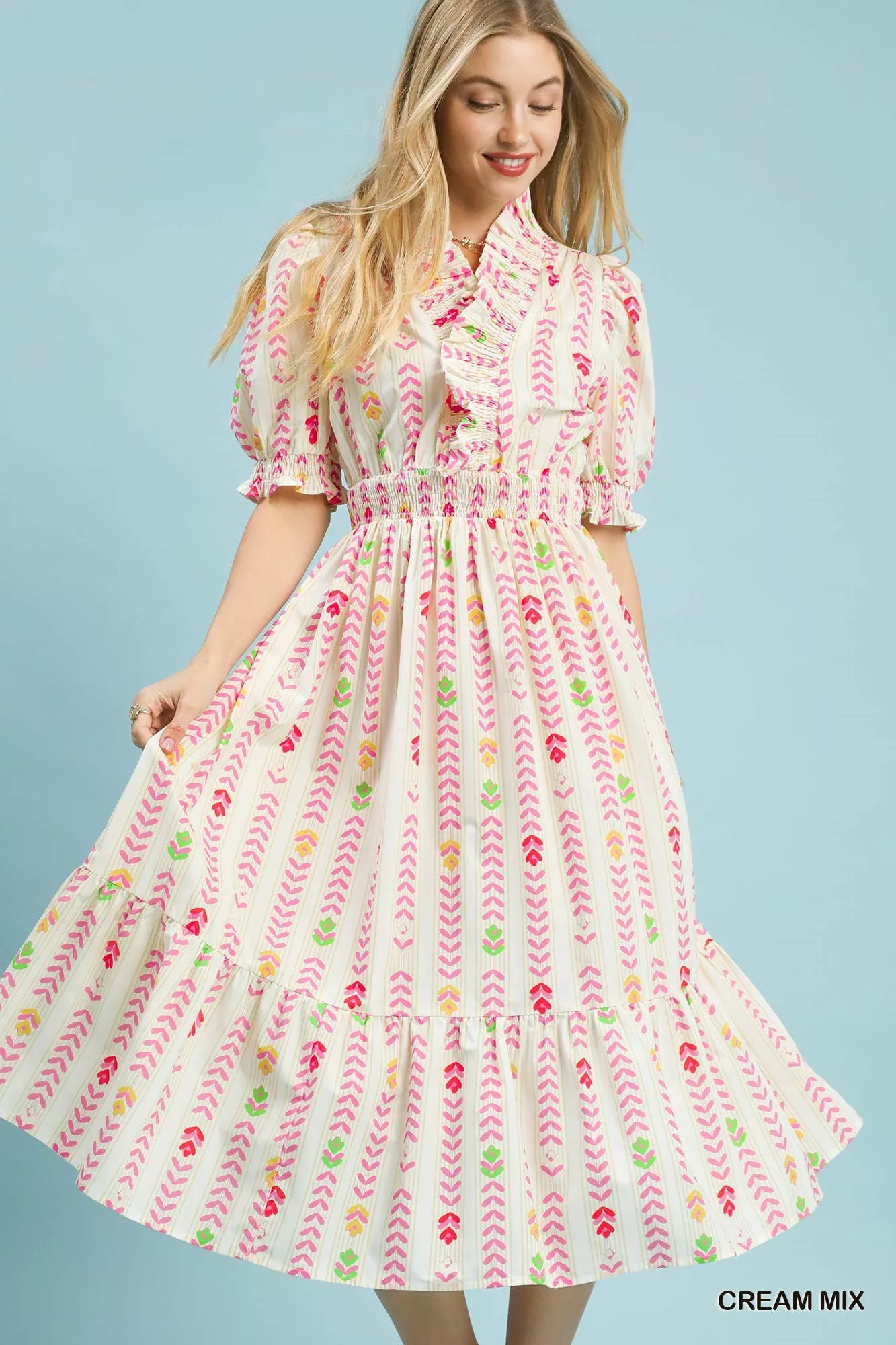 Umgee Vibrant Ruffle Smocked Midi Dress