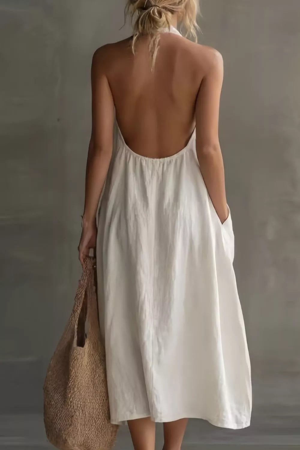 Casual Halter Neck Pocket Midi Dress