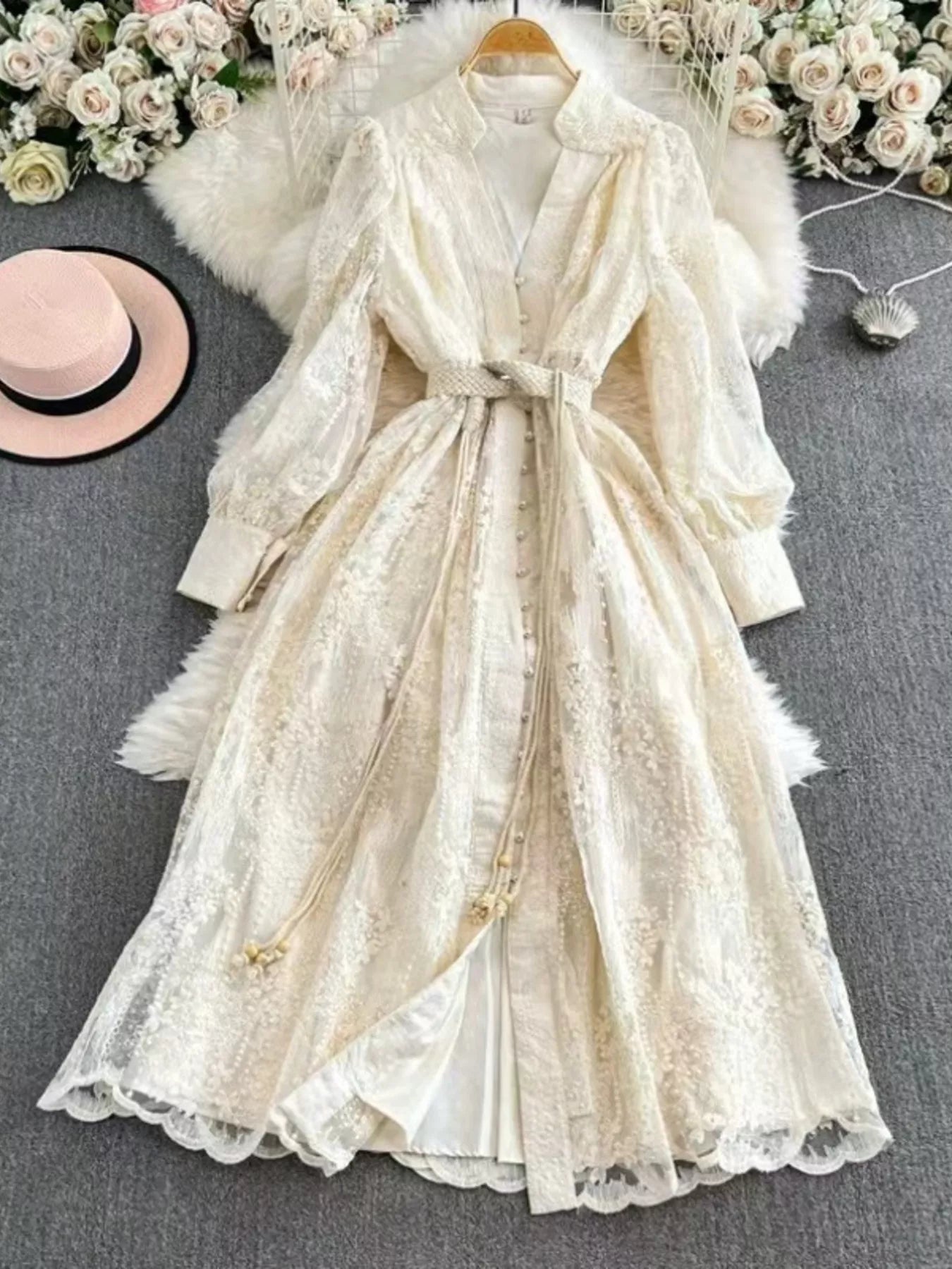 Lace Tie Waist Long Sleeve Dress