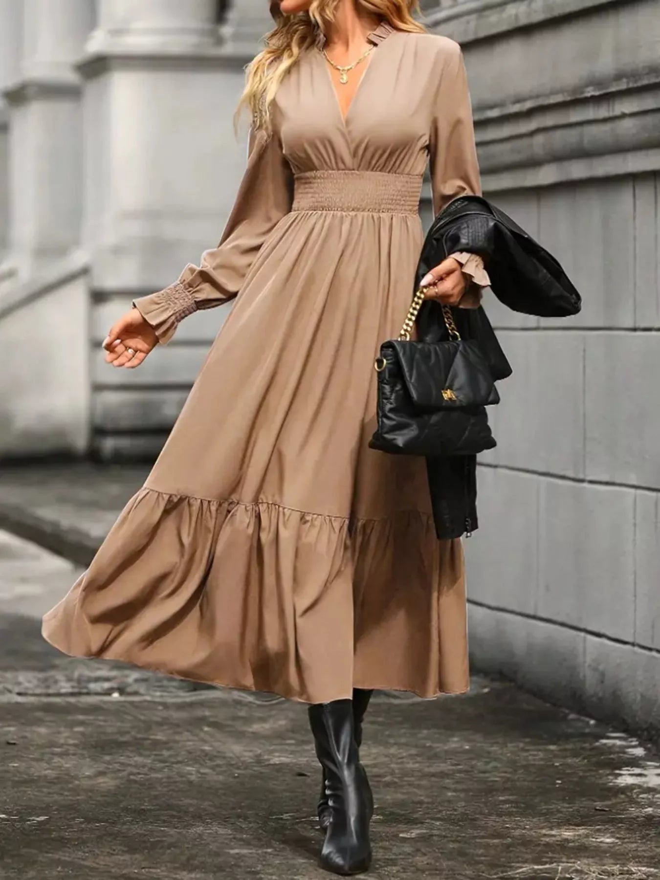 Surplice Long Sleeve Tiered Midi Dress