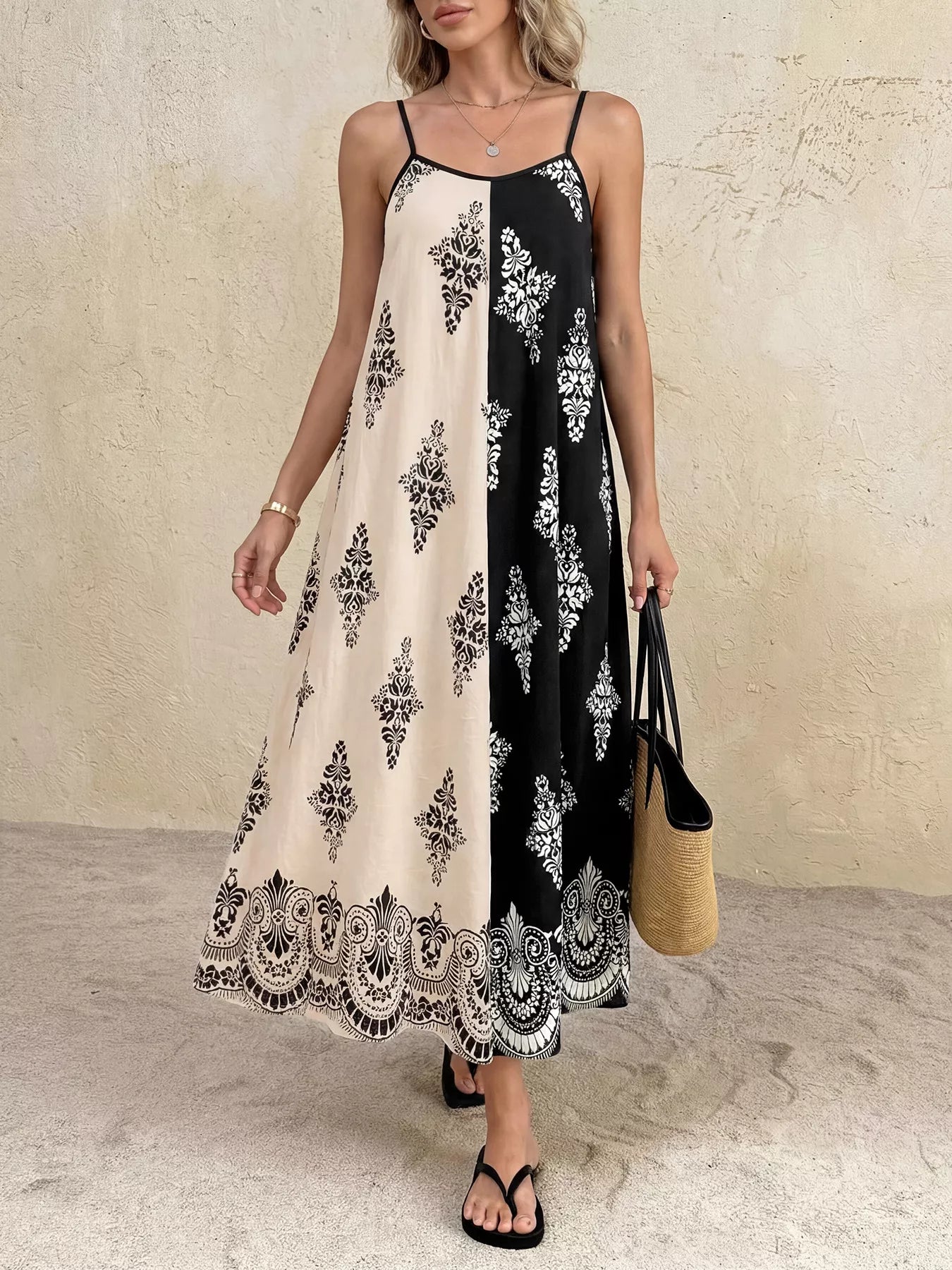 Color Block Floral Print Cami Dress