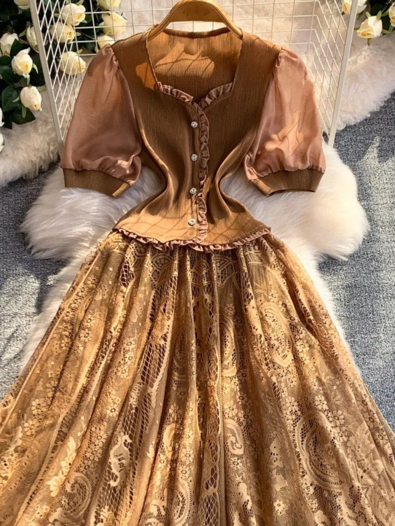 Lace Panel Puff Sleeve Dress