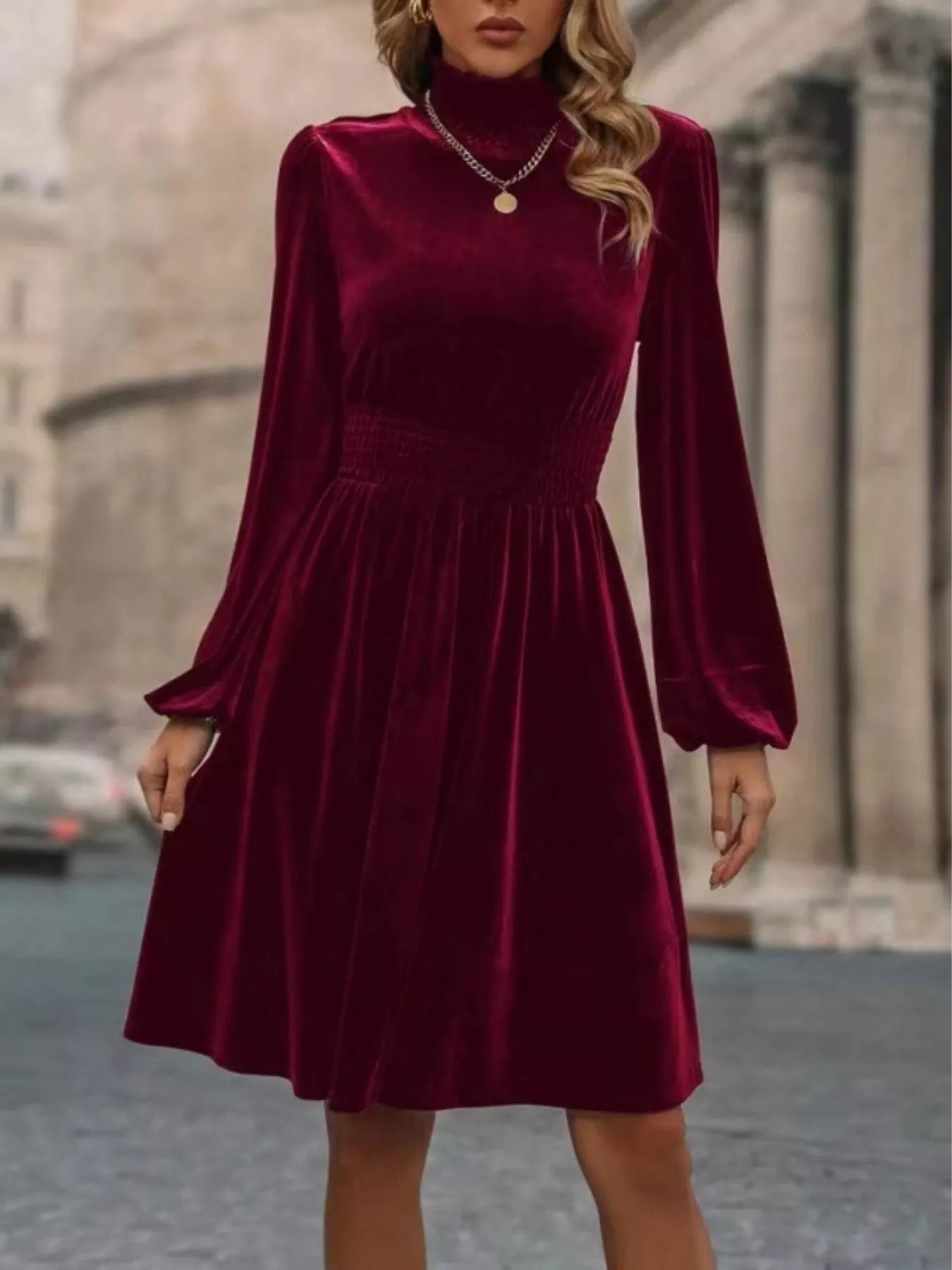 Velvet High Neck Long Sleeve A-Line Dress
