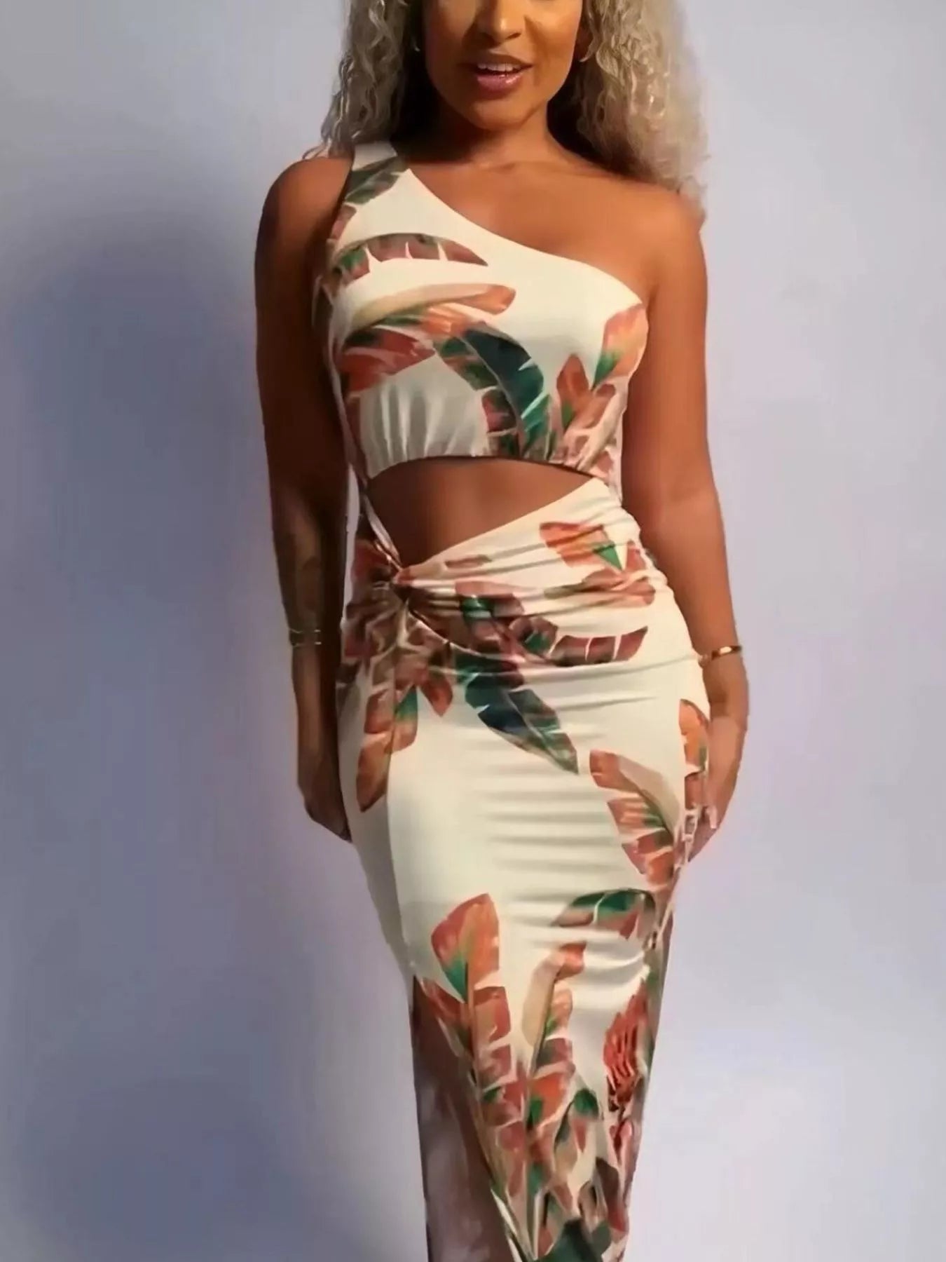 Tropical Print One-Shoulder Cut-Out Maxi Dress